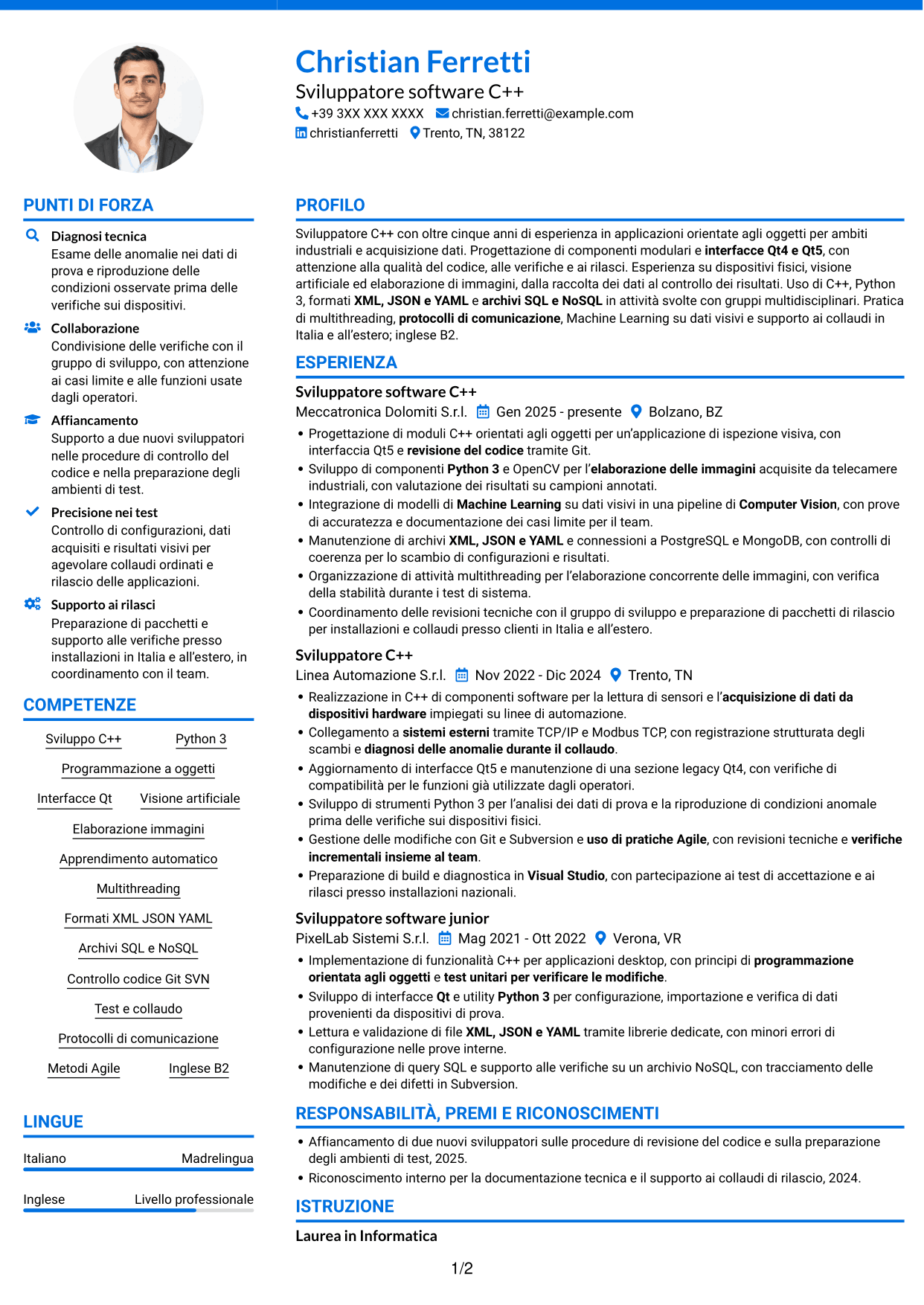 CV Audace (formato a due colonne con accenti colorati e foto): Sviluppatore C++ - Interfacce Qt, pagina 1