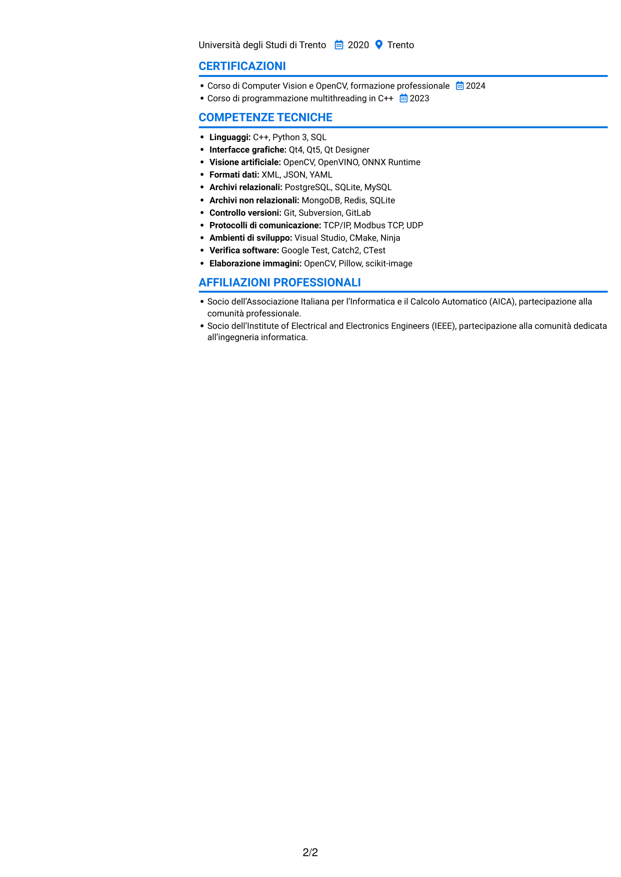 CV Audace (formato a due colonne con accenti colorati e foto): Sviluppatore C++ - Interfacce Qt, pagina 2