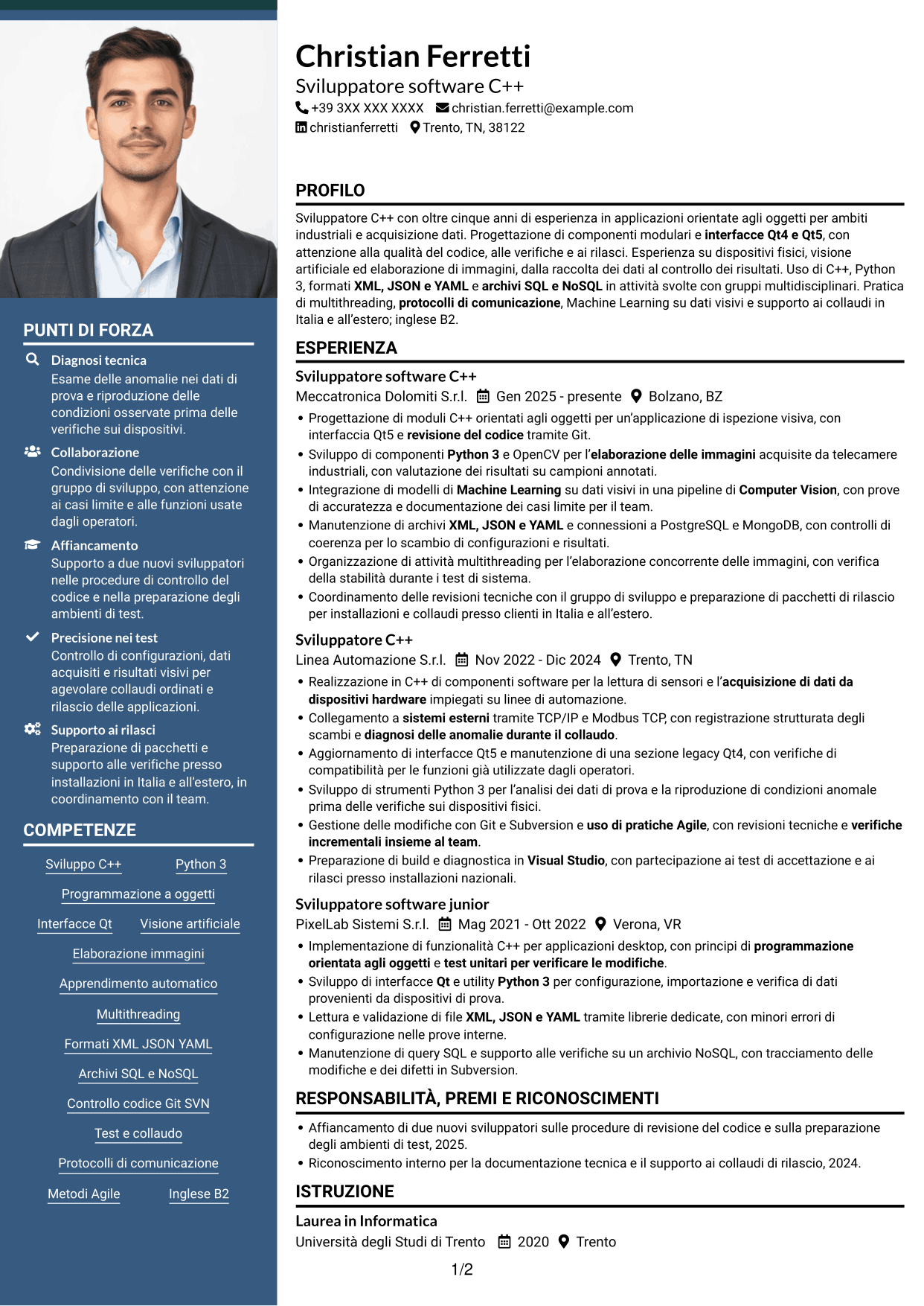 CV Signature (formato con colonna laterale colorata e foto grande): Sviluppatore C++ - Interfacce Qt, pagina 1