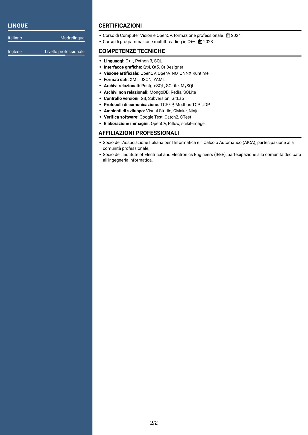 CV Signature (formato con colonna laterale colorata e foto grande): Sviluppatore C++ - Interfacce Qt, pagina 2