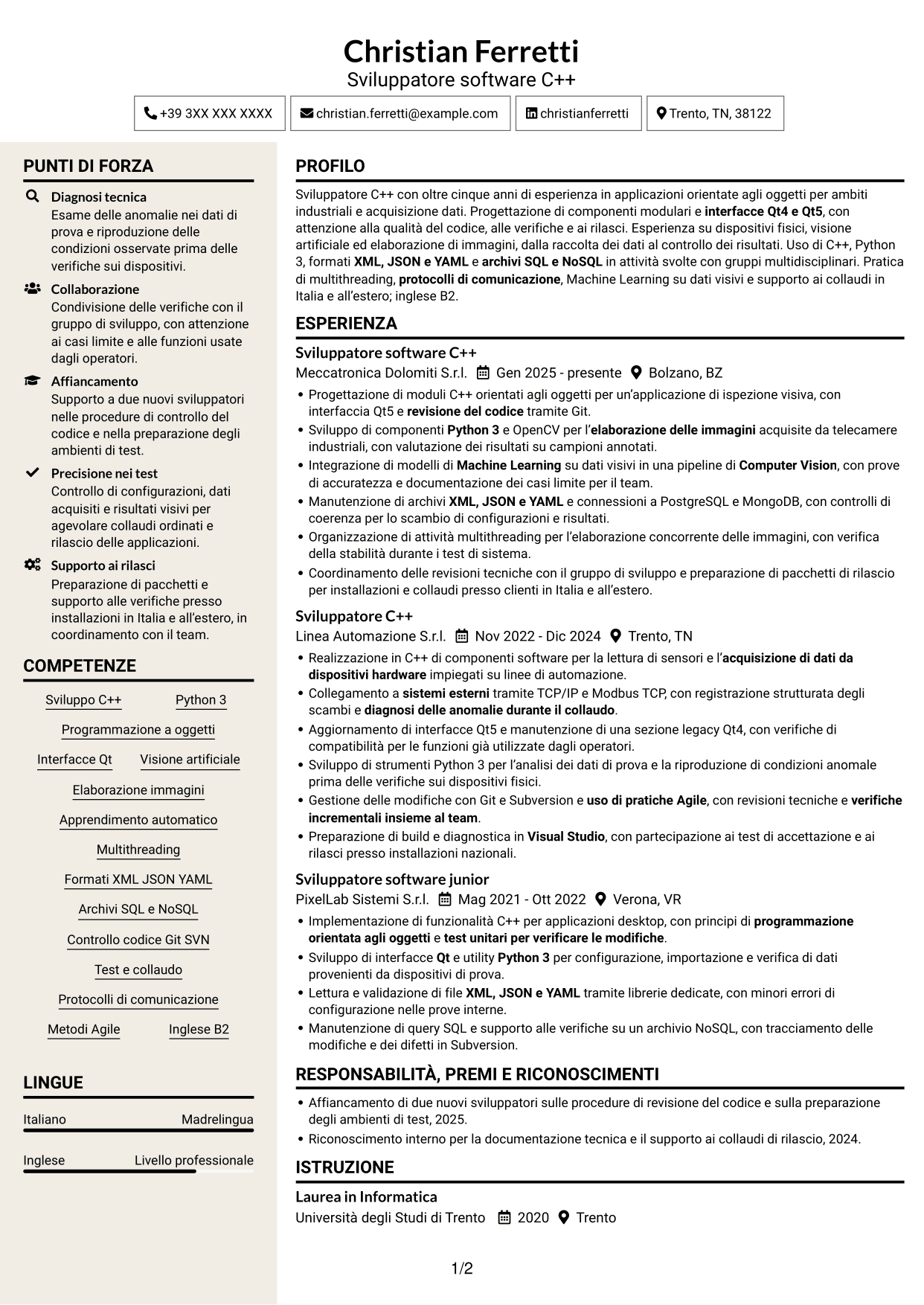 CV Intraprendente (formato a due colonne con intestazione centrata senza foto): Sviluppatore C++ - Interfacce Qt, pagina 1