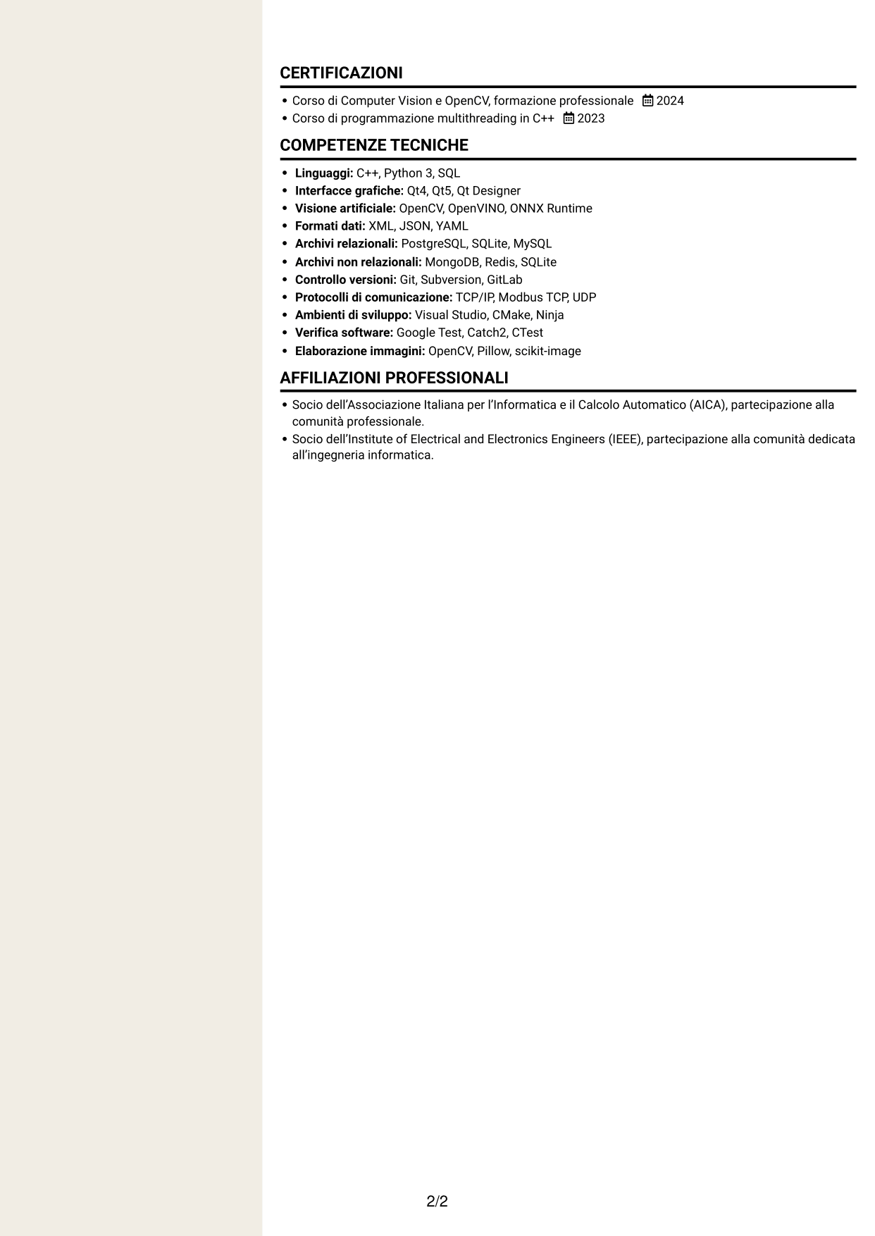 CV Intraprendente (formato a due colonne con intestazione centrata senza foto): Sviluppatore C++ - Interfacce Qt, pagina 2