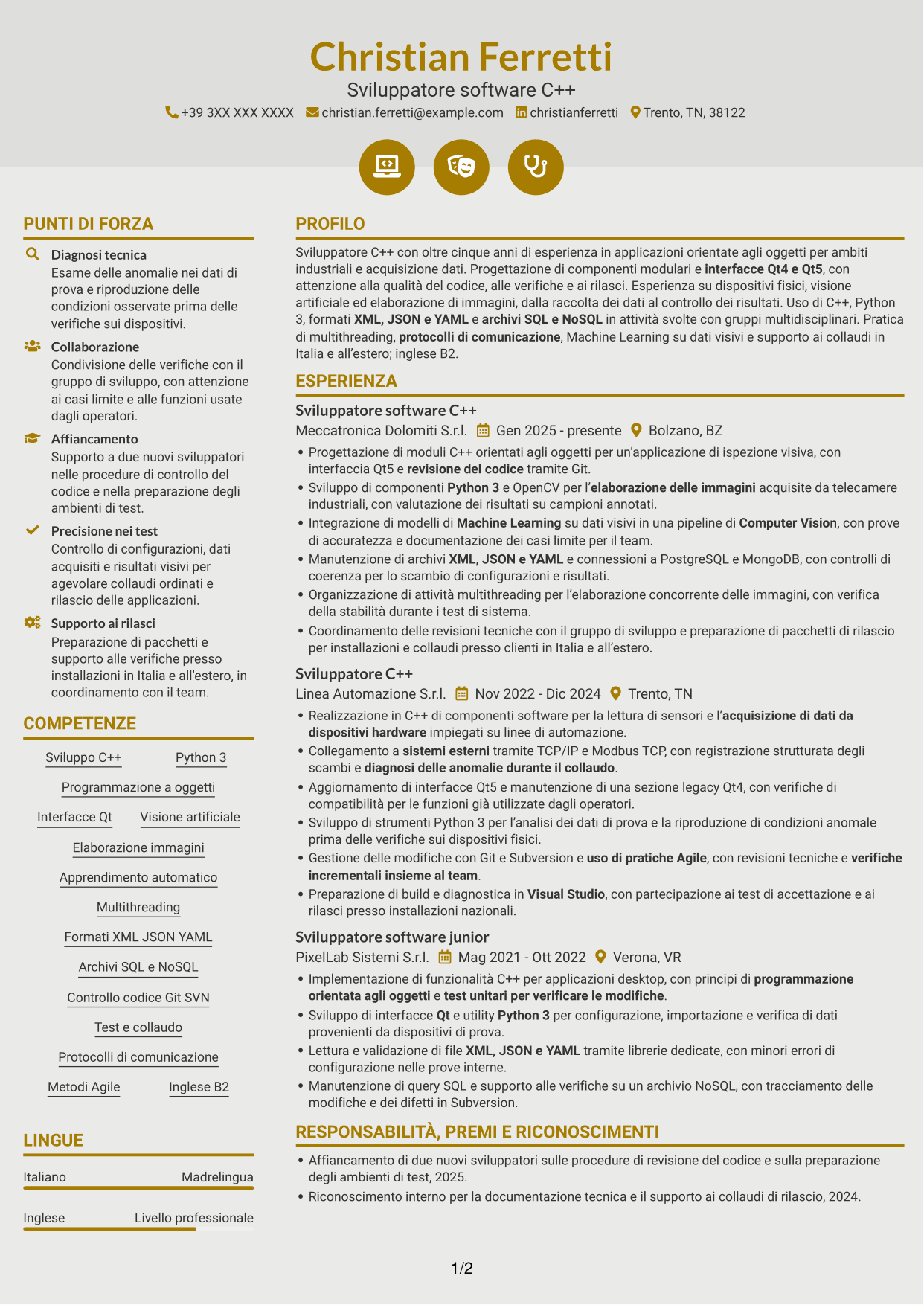 CV Dinamico (formato a due colonne con icone): Sviluppatore C++ - Interfacce Qt, pagina 1