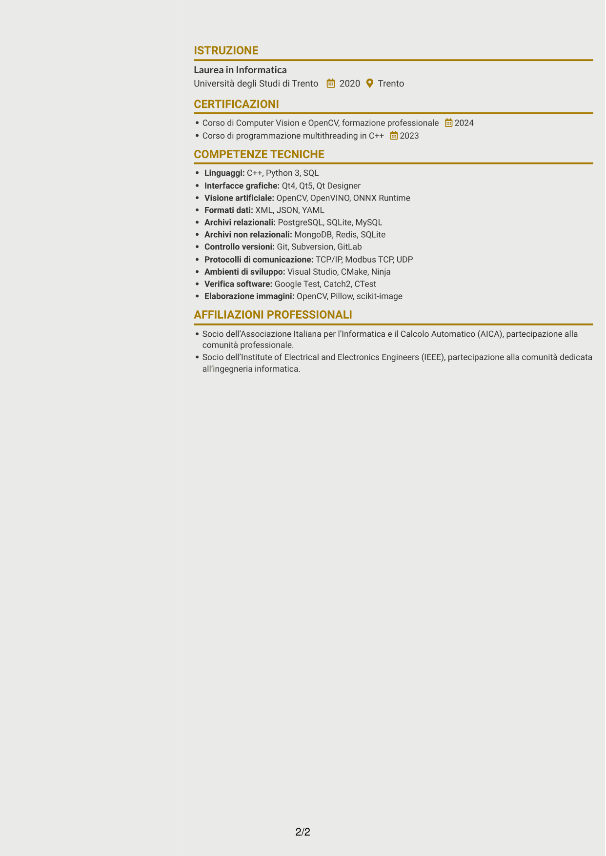 CV Dinamico (formato a due colonne con icone): Sviluppatore C++ - Interfacce Qt, pagina 2