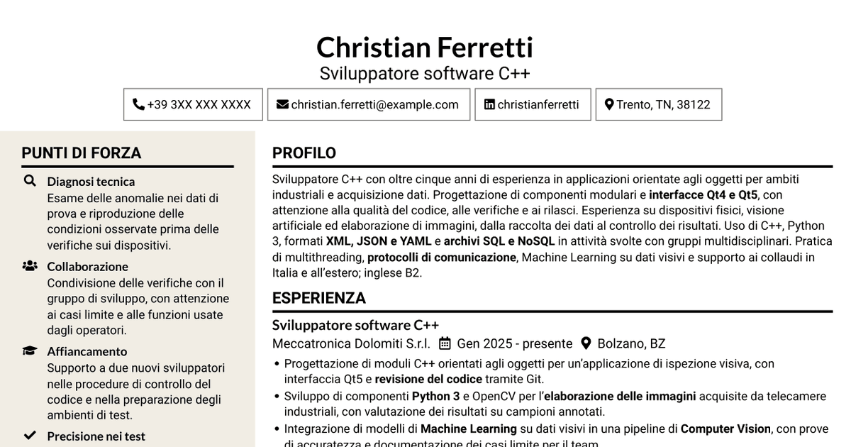 7 modelli di CV per Sviluppatore C++ - Interfacce Qt, con esempi