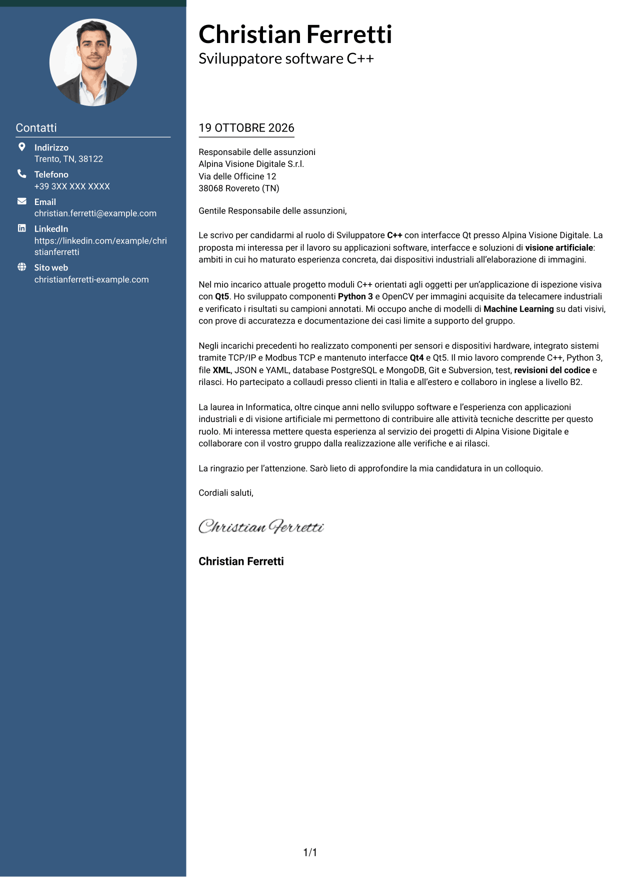 Lettera di presentazione Elegante (formato con colonna laterale colorata e foto): Sviluppatore C++ - Interfacce Qt, pagina 1