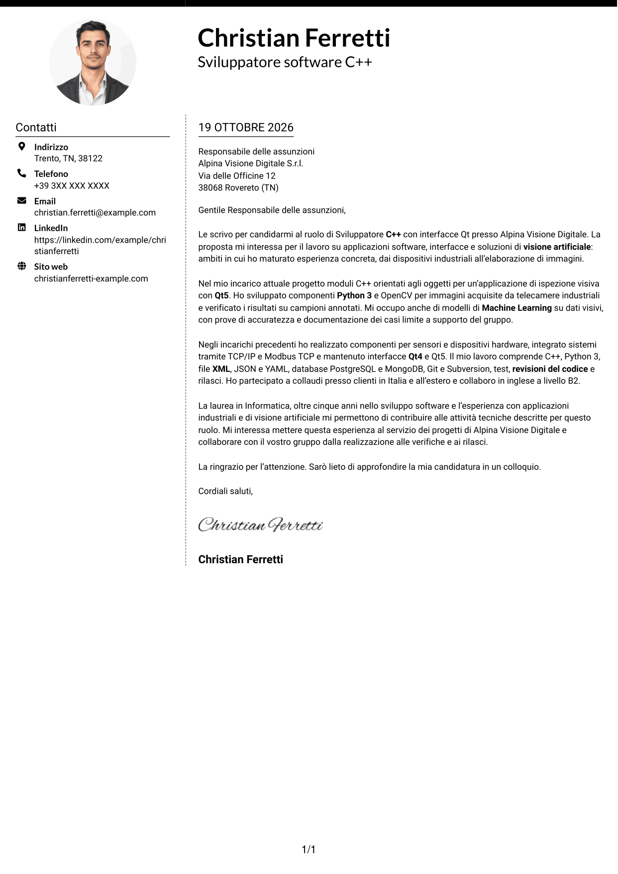Lettera di presentazione Moderno (formato a due colonne con foto a sinistra e separatore): Sviluppatore C++ - Interfacce Qt, pagina 1