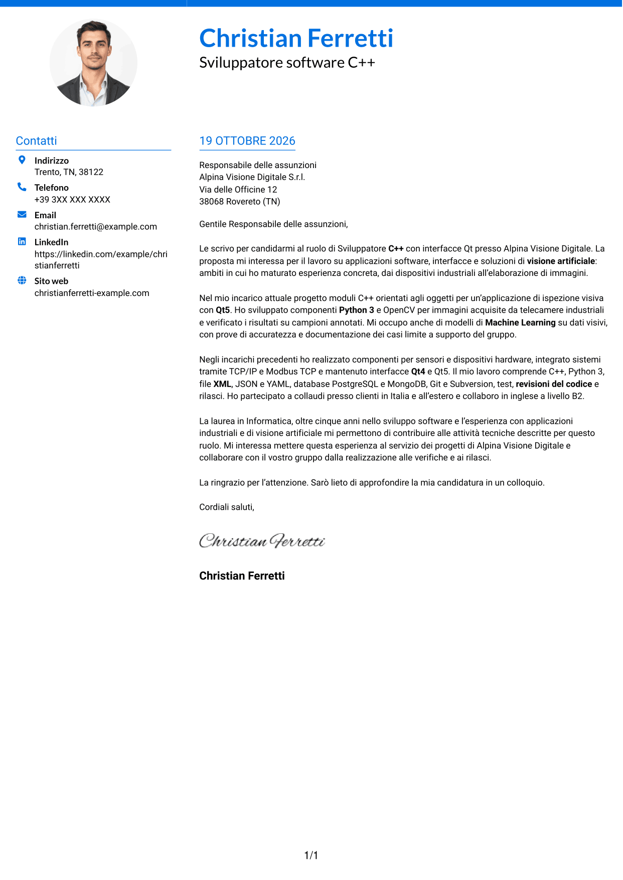 Lettera di presentazione Audace (formato a due colonne con accenti colorati e foto): Sviluppatore C++ - Interfacce Qt, pagina 1
