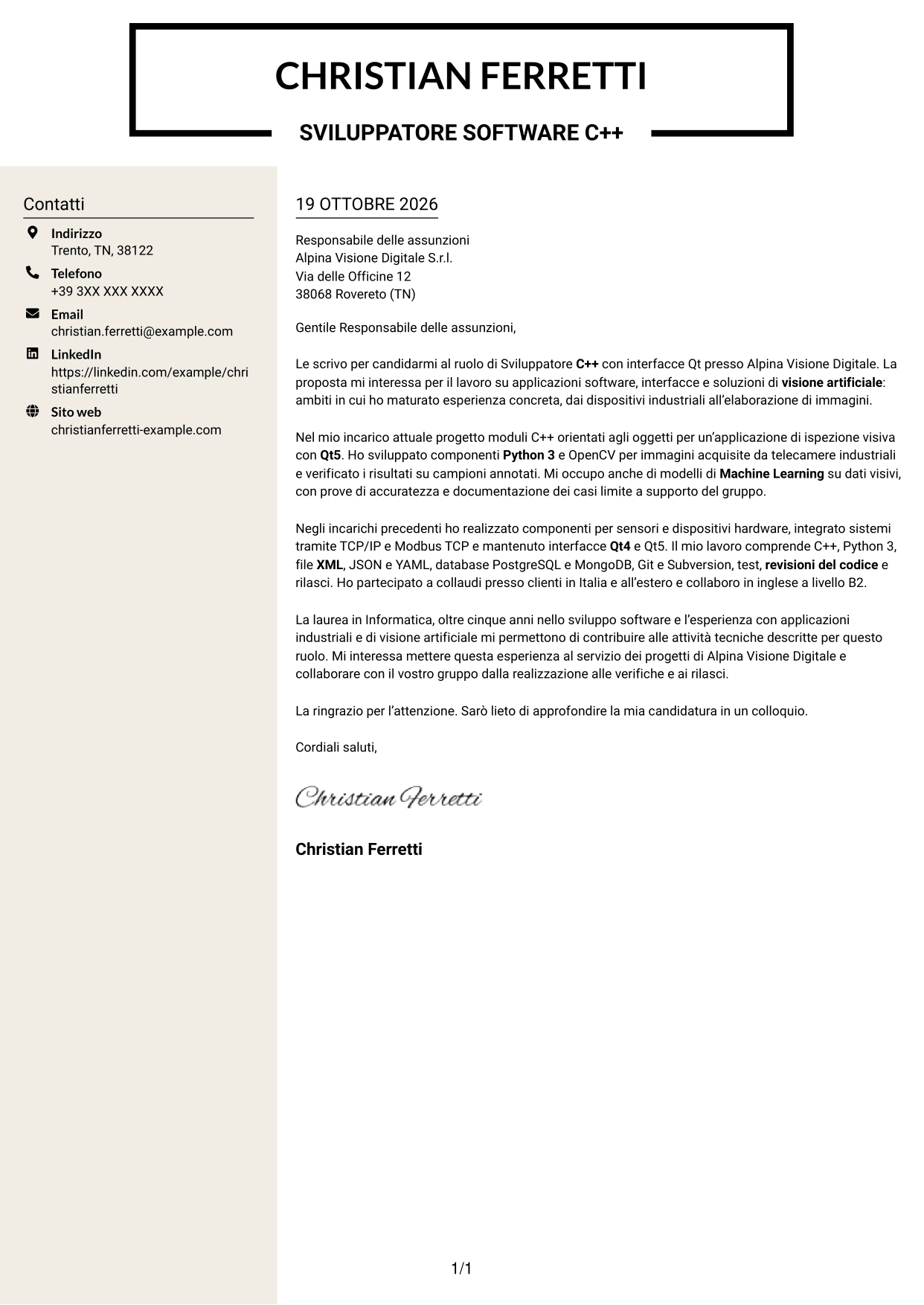 Lettera di presentazione Intraprendente (formato a due colonne con intestazione centrata senza foto): Sviluppatore C++ - Interfacce Qt, pagina 1