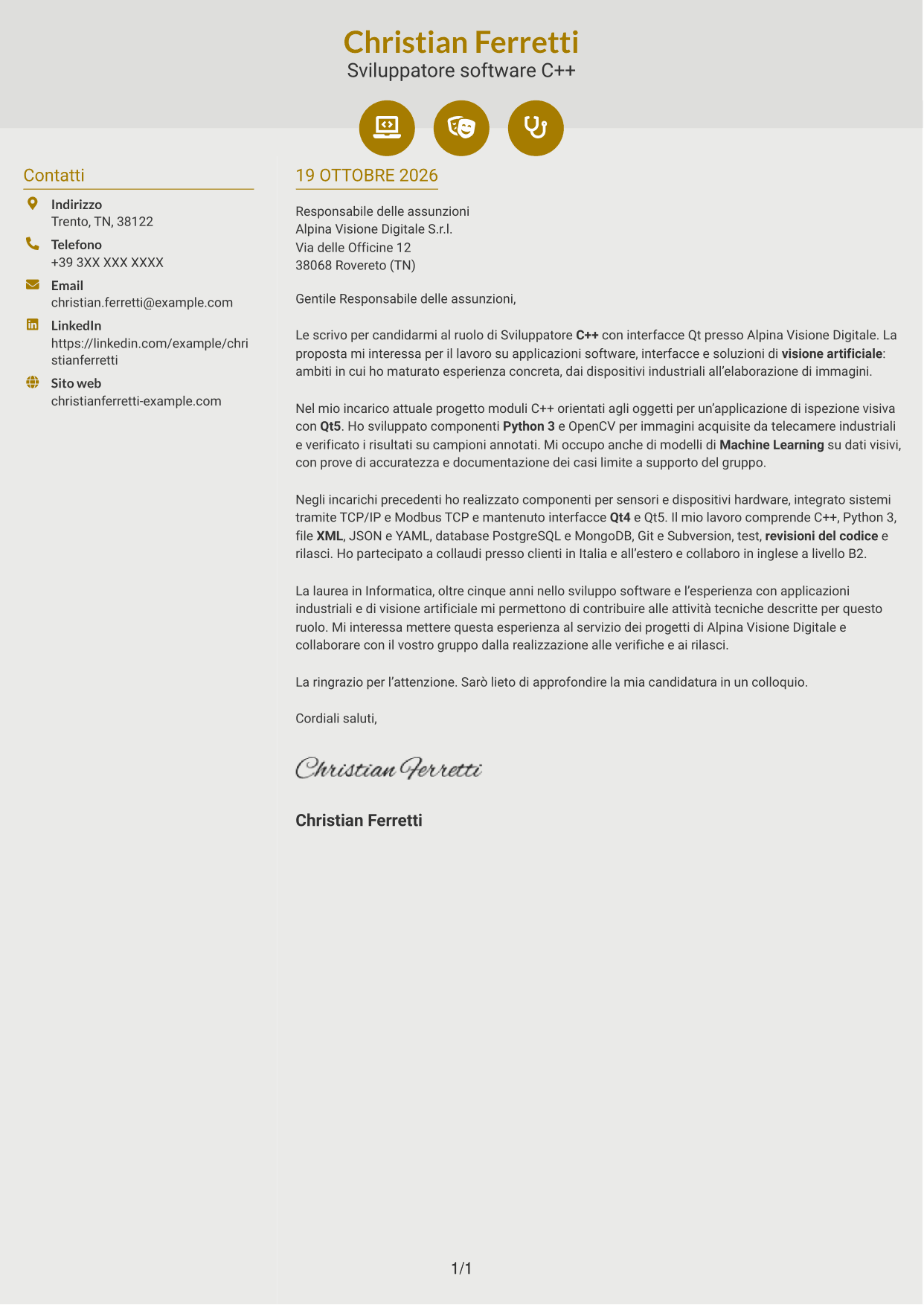 Lettera di presentazione Dinamico (formato a due colonne con icone): Sviluppatore C++ - Interfacce Qt, pagina 1