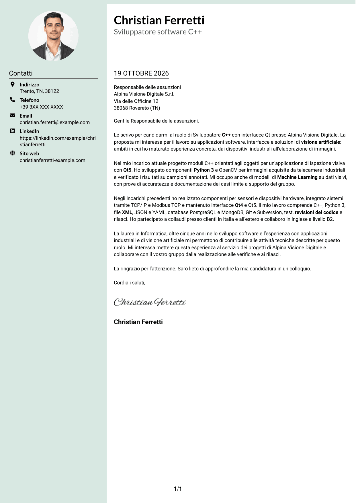 Lettera di presentazione Dirigente (formato con colonna laterale tenue e foto arrotondata): Sviluppatore C++ - Interfacce Qt, pagina 1
