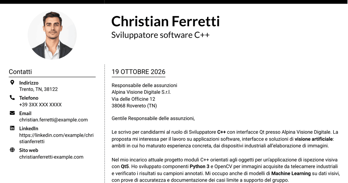 7 modelli di lettera di presentazione per Sviluppatore C++ - Interfacce Qt, con esempi