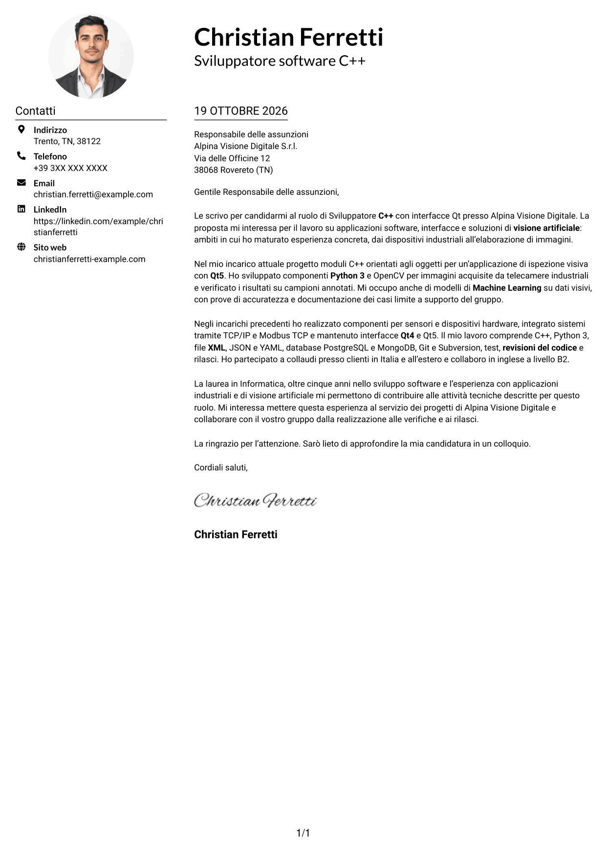 Esempio di lettera di presentazione — pagina 1