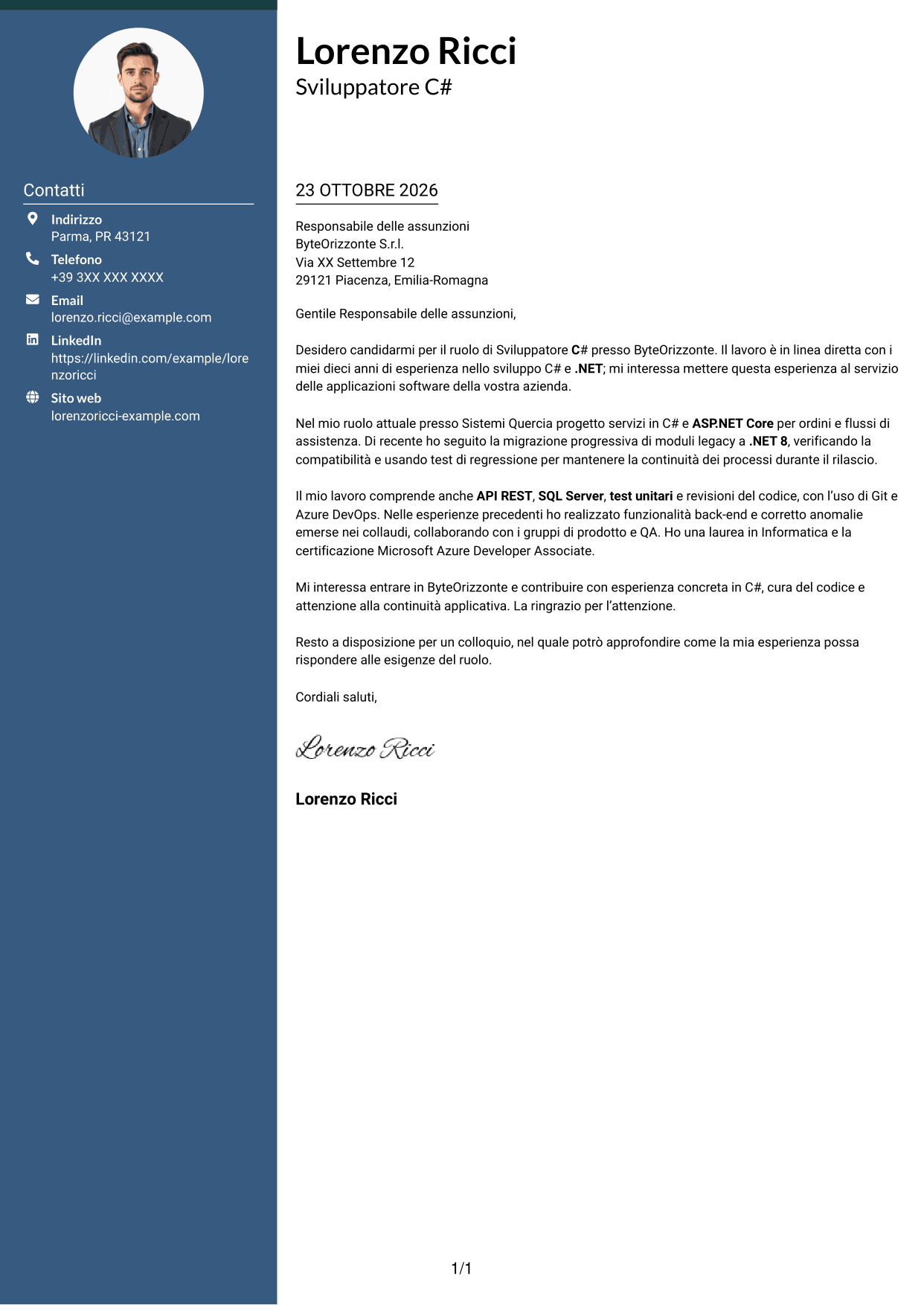 Lettera di presentazione Elegante (formato con colonna laterale colorata e foto): Sviluppatore C#, pagina 1