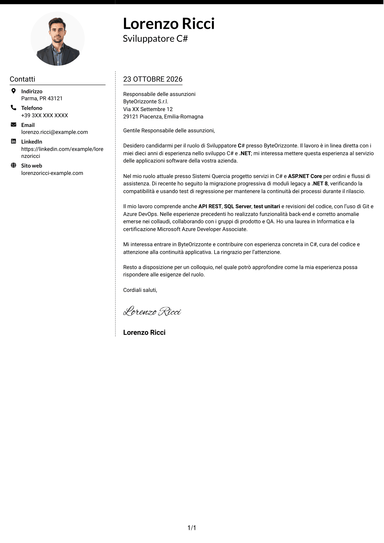 Lettera di presentazione Moderno (formato a due colonne con foto a sinistra e separatore): Sviluppatore C#, pagina 1