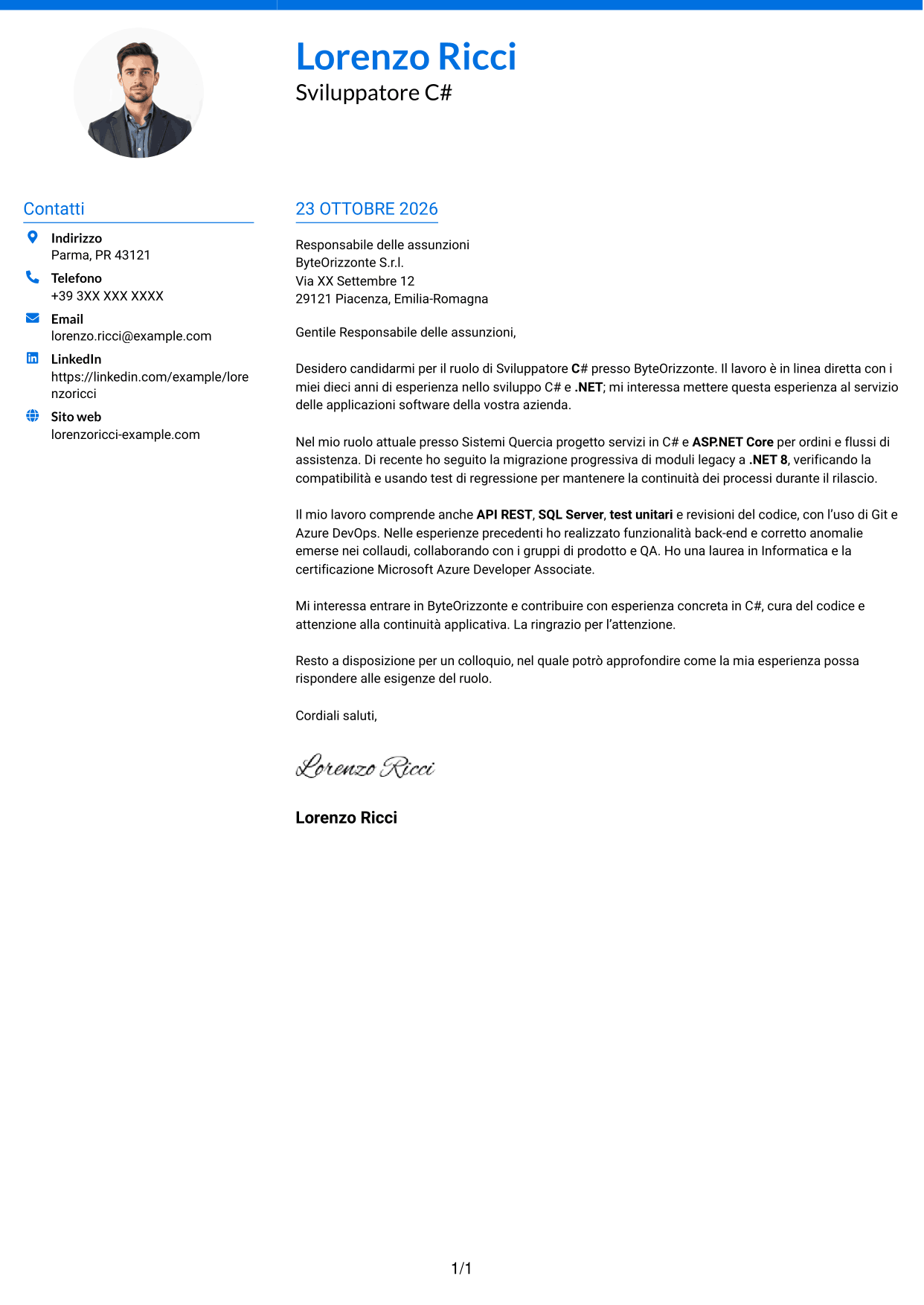 Lettera di presentazione Audace (formato a due colonne con accenti colorati e foto): Sviluppatore C#, pagina 1