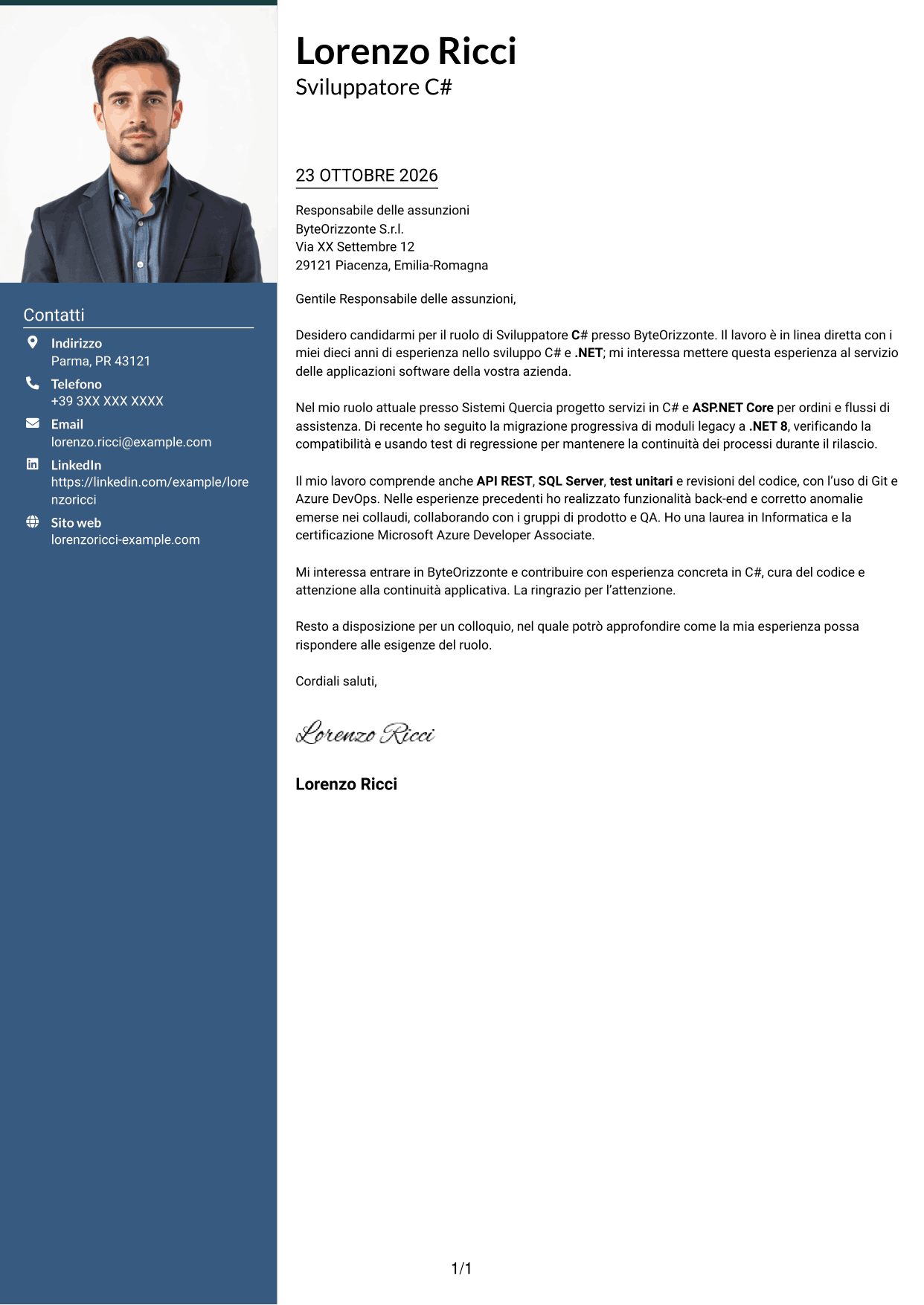 Lettera di presentazione Signature (formato con colonna laterale colorata e foto grande): Sviluppatore C#, pagina 1