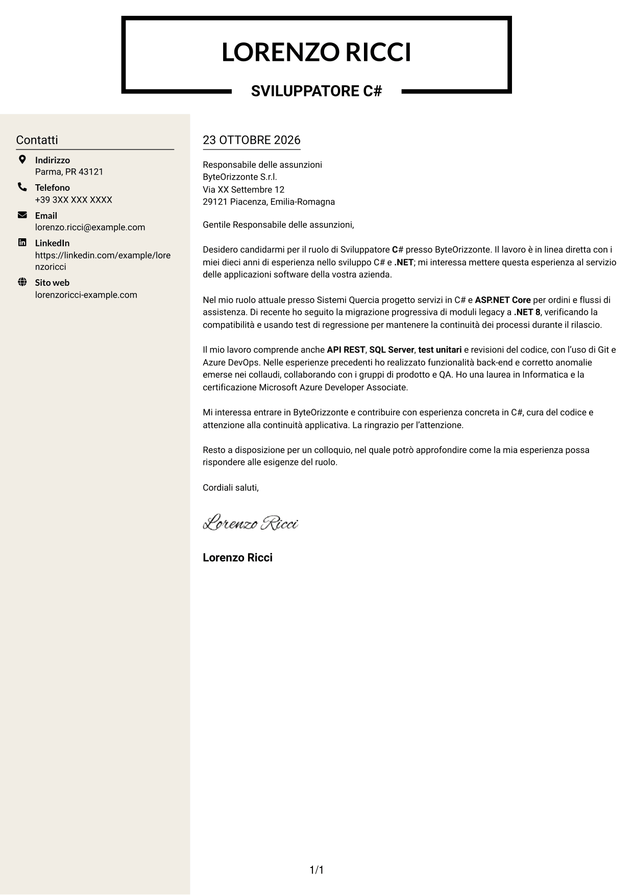 Lettera di presentazione Intraprendente (formato a due colonne con intestazione centrata senza foto): Sviluppatore C#, pagina 1