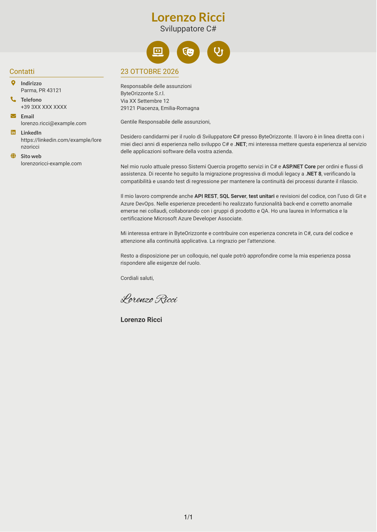 Lettera di presentazione Dinamico (formato a due colonne con icone): Sviluppatore C#, pagina 1