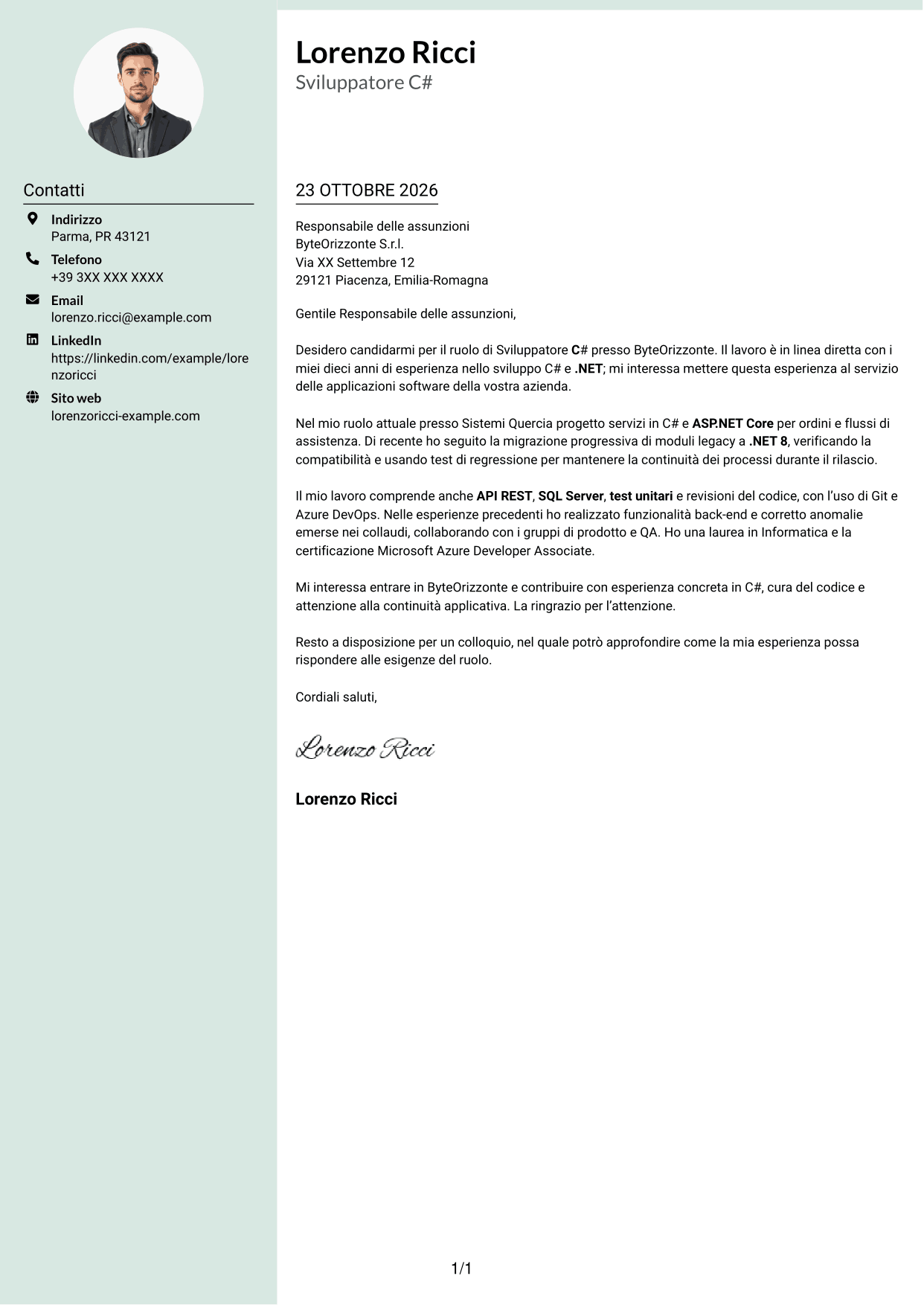 Lettera di presentazione Dirigente (formato con colonna laterale tenue e foto arrotondata): Sviluppatore C#, pagina 1