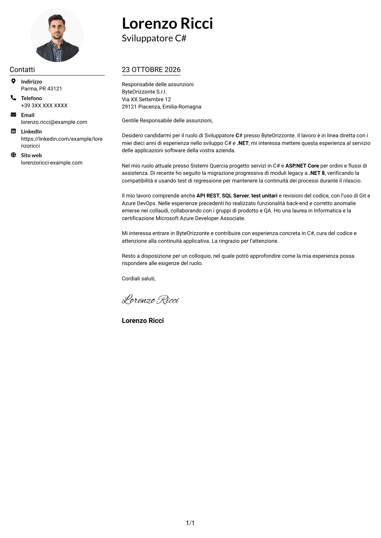 Esempio di lettera di presentazione — pagina 1