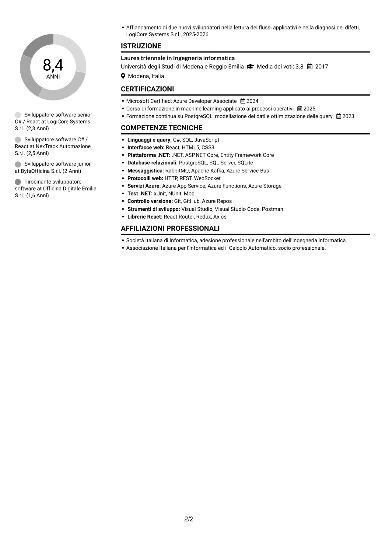 CV Compatto (formato sobrio a due colonne con foto): Sviluppatore C# / React - Sistemi distribuiti per flotte, pagina 2
