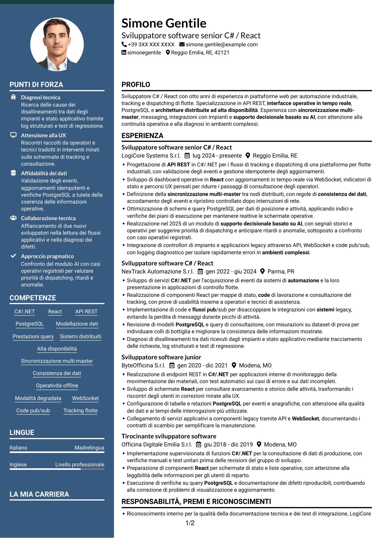 CV Elegante (formato con colonna laterale colorata e foto): Sviluppatore C# / React - Sistemi distribuiti per flotte, pagina 1