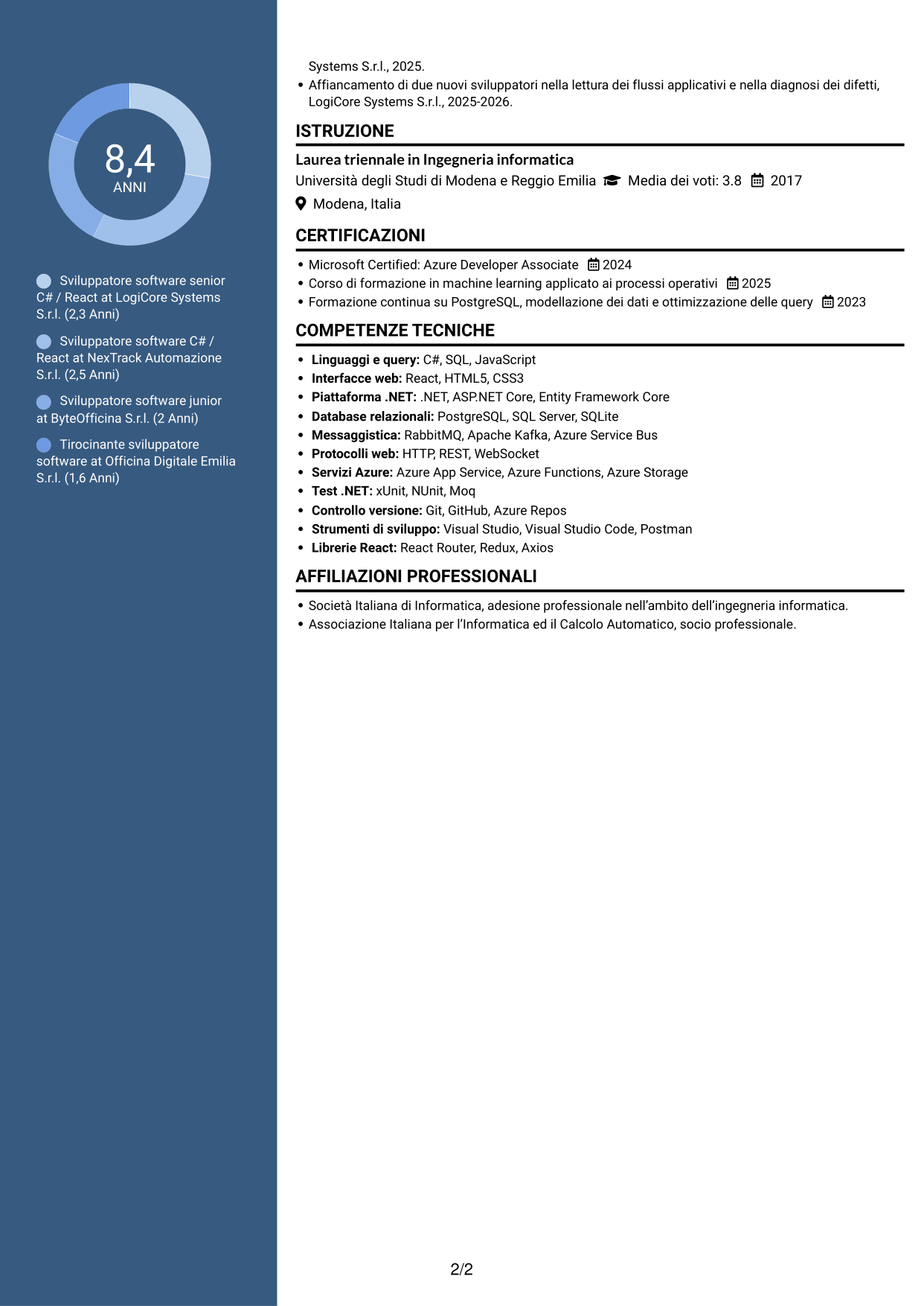 CV Elegante (formato con colonna laterale colorata e foto): Sviluppatore C# / React - Sistemi distribuiti per flotte, pagina 2