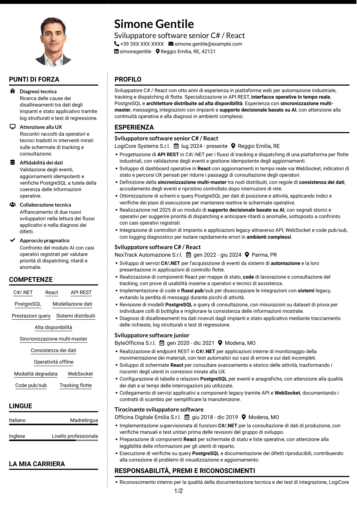 CV Moderno (formato a due colonne con foto a sinistra e separatore): Sviluppatore C# / React - Sistemi distribuiti per flotte, pagina 1