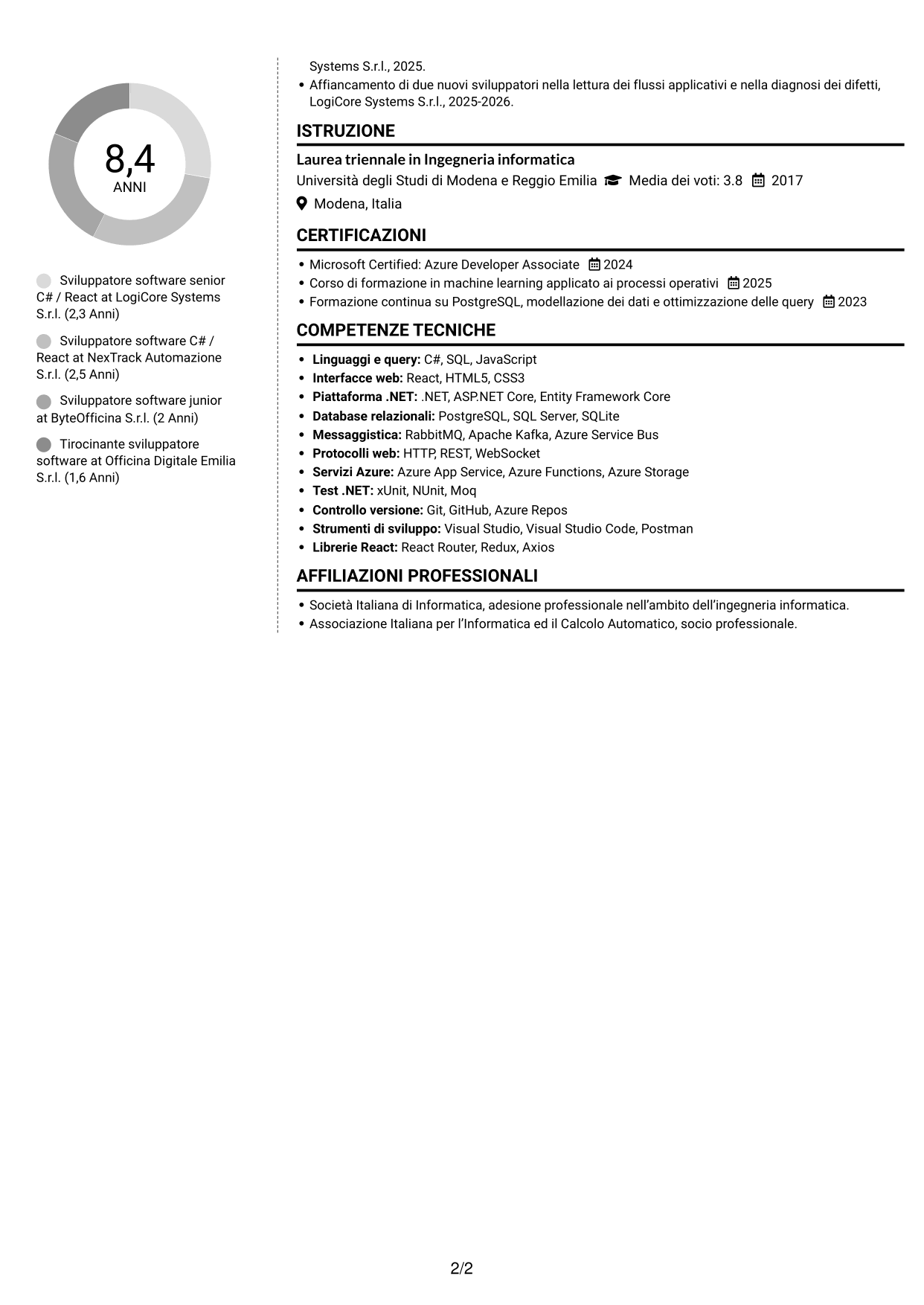 CV Moderno (formato a due colonne con foto a sinistra e separatore): Sviluppatore C# / React - Sistemi distribuiti per flotte, pagina 2