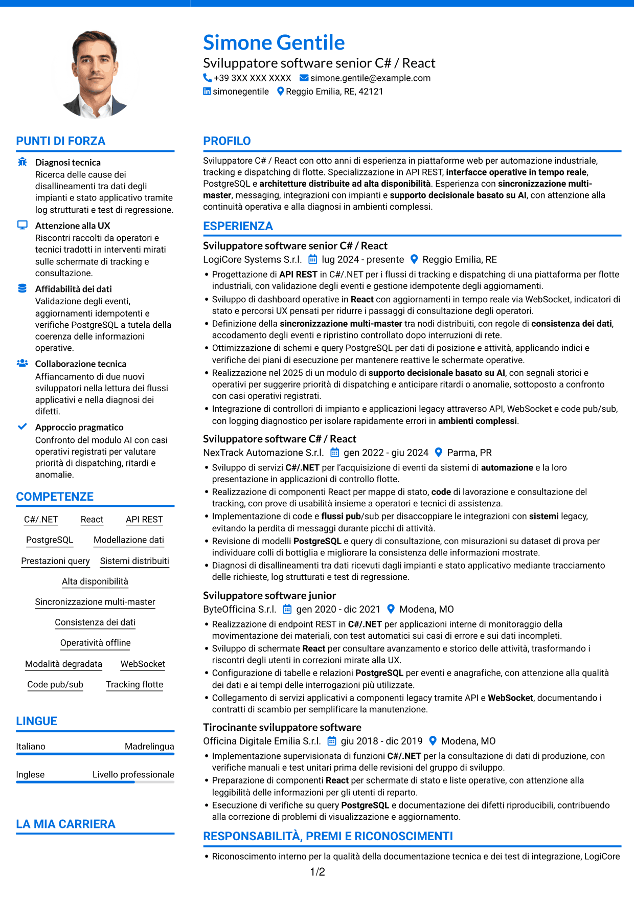 CV Audace (formato a due colonne con accenti colorati e foto): Sviluppatore C# / React - Sistemi distribuiti per flotte, pagina 1