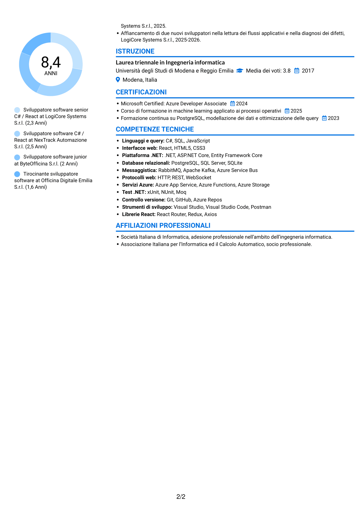 CV Audace (formato a due colonne con accenti colorati e foto): Sviluppatore C# / React - Sistemi distribuiti per flotte, pagina 2
