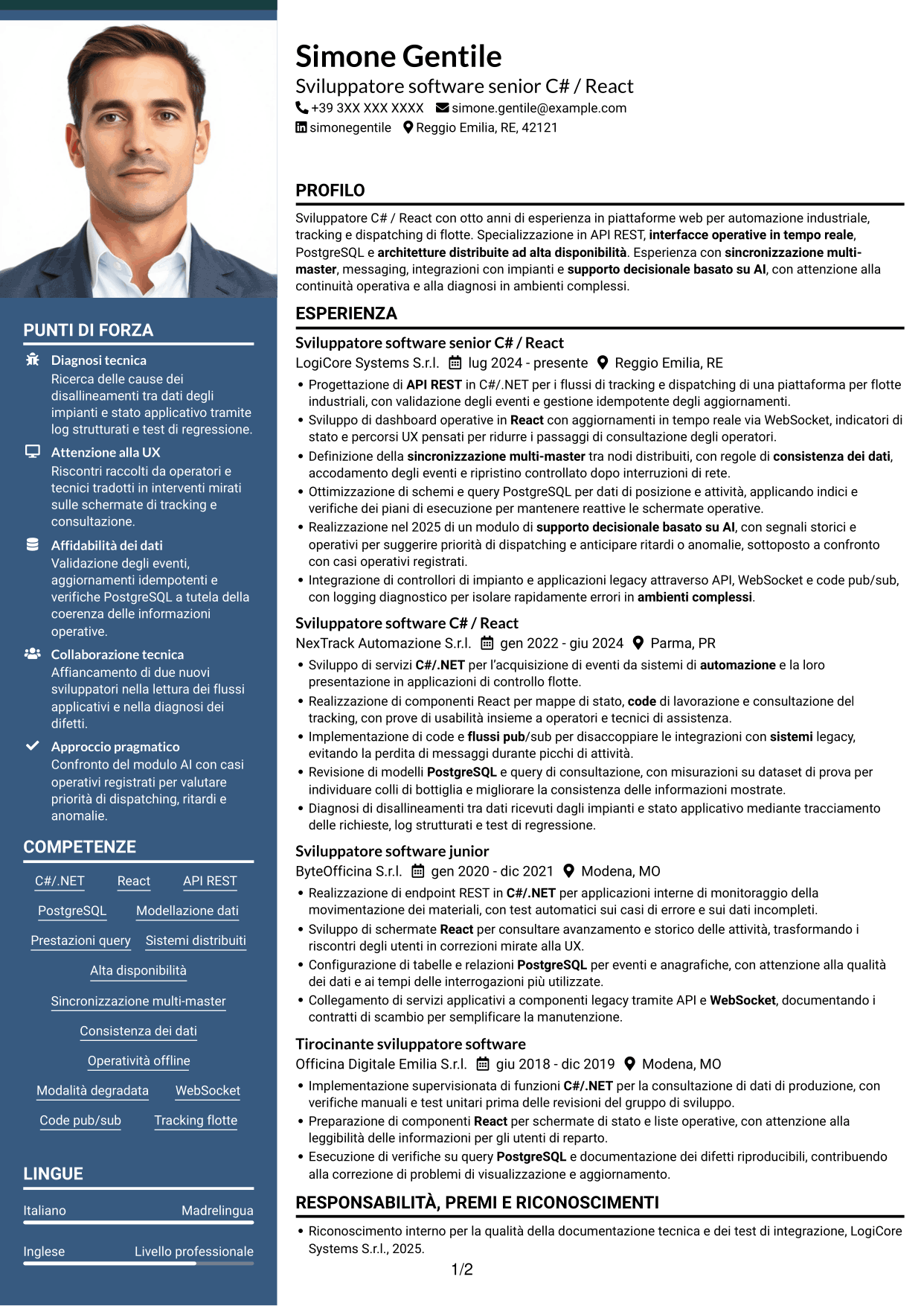 CV Signature (formato con colonna laterale colorata e foto grande): Sviluppatore C# / React - Sistemi distribuiti per flotte, pagina 1