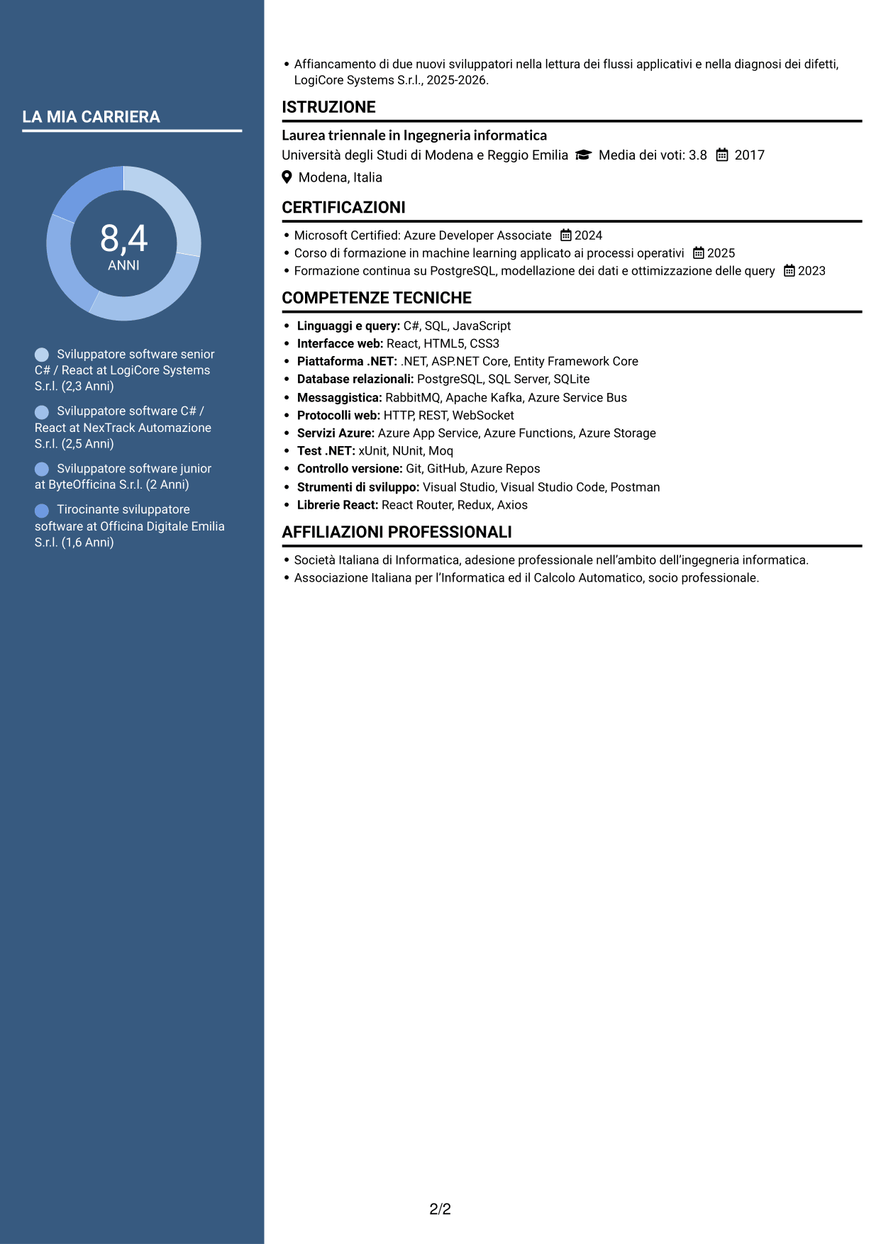 CV Signature (formato con colonna laterale colorata e foto grande): Sviluppatore C# / React - Sistemi distribuiti per flotte, pagina 2