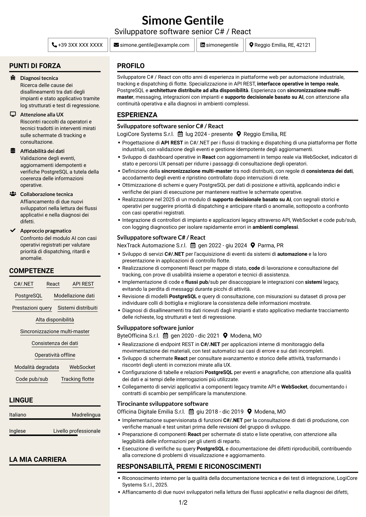 CV Intraprendente (formato a due colonne con intestazione centrata senza foto): Sviluppatore C# / React - Sistemi distribuiti per flotte, pagina 1