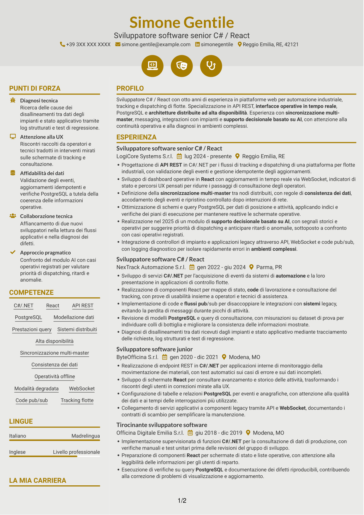 CV Dinamico (formato a due colonne con icone): Sviluppatore C# / React - Sistemi distribuiti per flotte, pagina 1