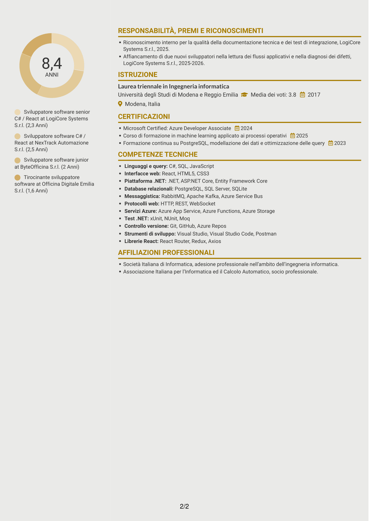 CV Dinamico (formato a due colonne con icone): Sviluppatore C# / React - Sistemi distribuiti per flotte, pagina 2