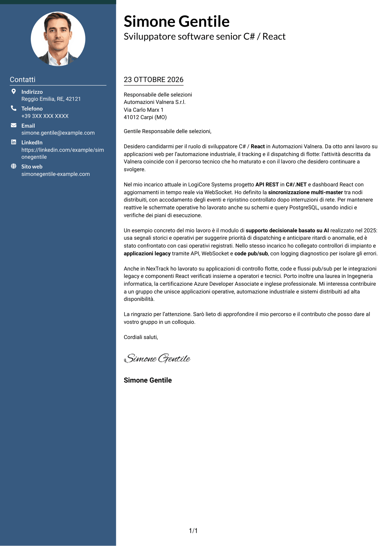 Lettera di presentazione Elegante (formato con colonna laterale colorata e foto): Sviluppatore C# / React - Sistemi distribuiti per flotte, pagina 1
