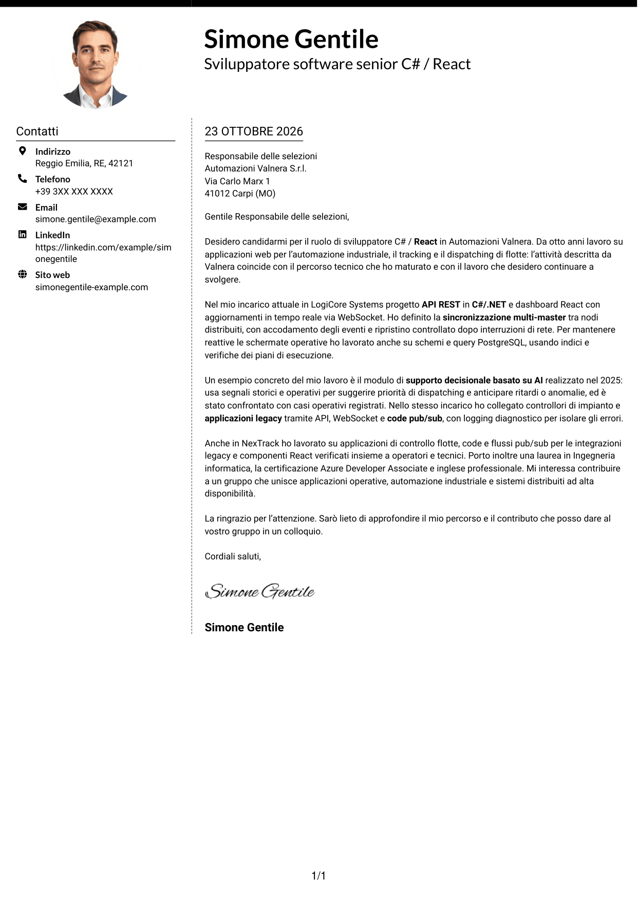 Lettera di presentazione Moderno (formato a due colonne con foto a sinistra e separatore): Sviluppatore C# / React - Sistemi distribuiti per flotte, pagina 1