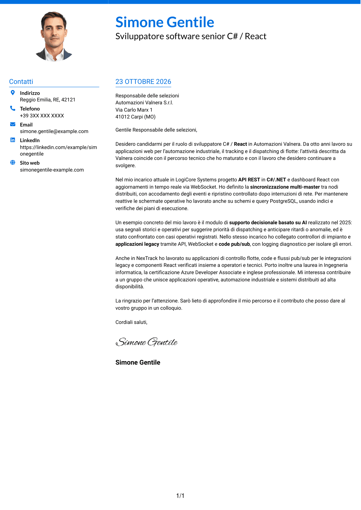 Lettera di presentazione Audace (formato a due colonne con accenti colorati e foto): Sviluppatore C# / React - Sistemi distribuiti per flotte, pagina 1
