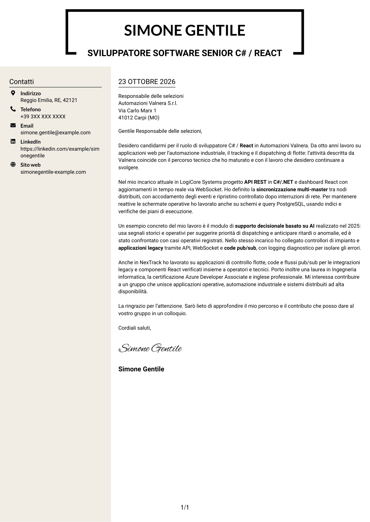 Lettera di presentazione Intraprendente (formato a due colonne con intestazione centrata senza foto): Sviluppatore C# / React - Sistemi distribuiti per flotte, pagina 1