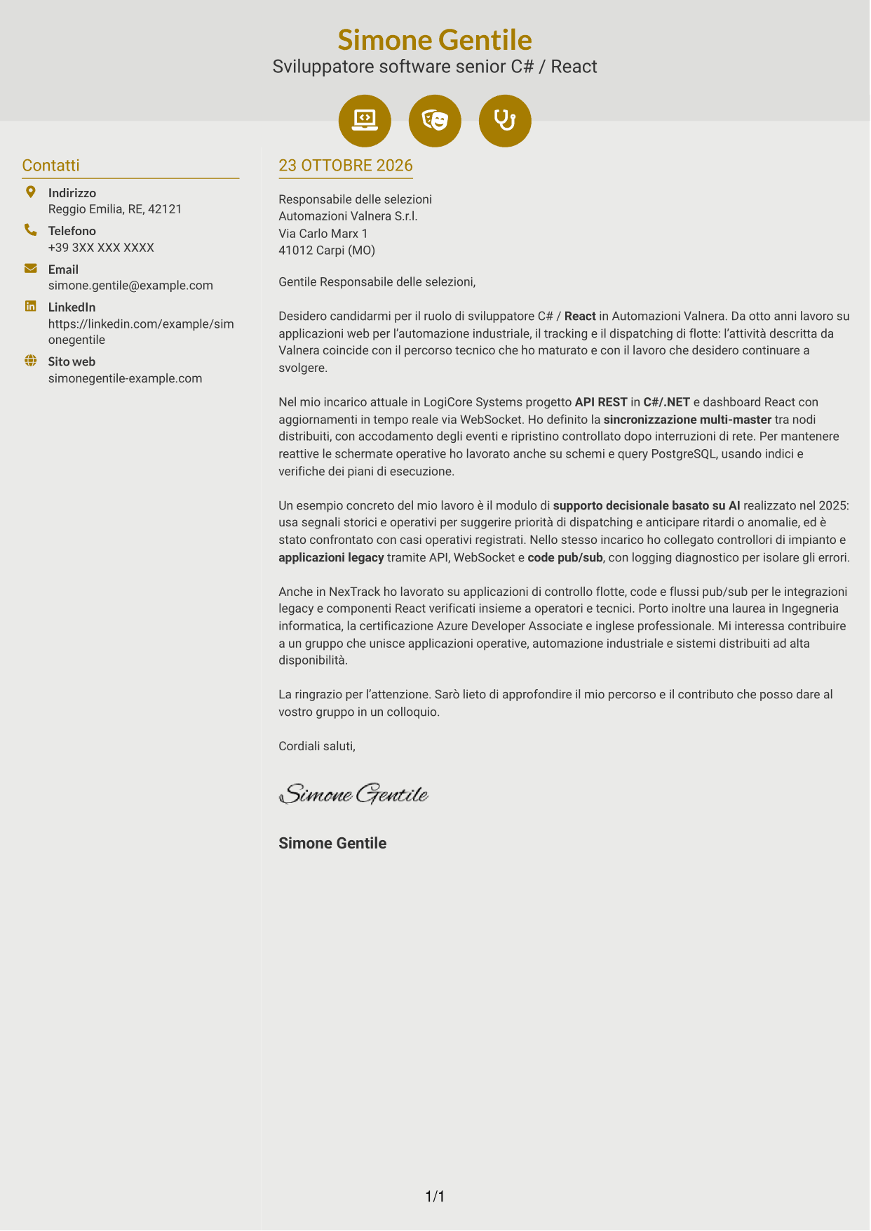 Lettera di presentazione Dinamico (formato a due colonne con icone): Sviluppatore C# / React - Sistemi distribuiti per flotte, pagina 1