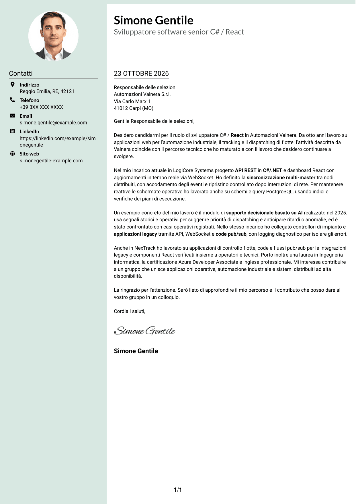 Lettera di presentazione Dirigente (formato con colonna laterale tenue e foto arrotondata): Sviluppatore C# / React - Sistemi distribuiti per flotte, pagina 1