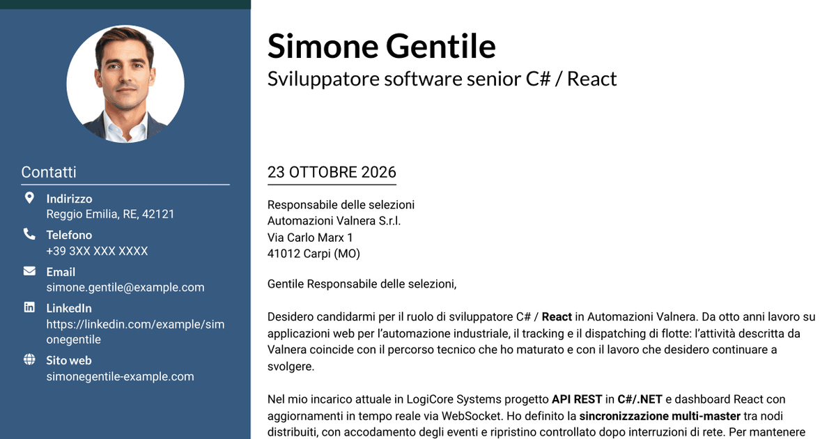 7 modelli di lettera di presentazione per Sviluppatore C# / React - Sistemi distribuiti per flotte, con esempi