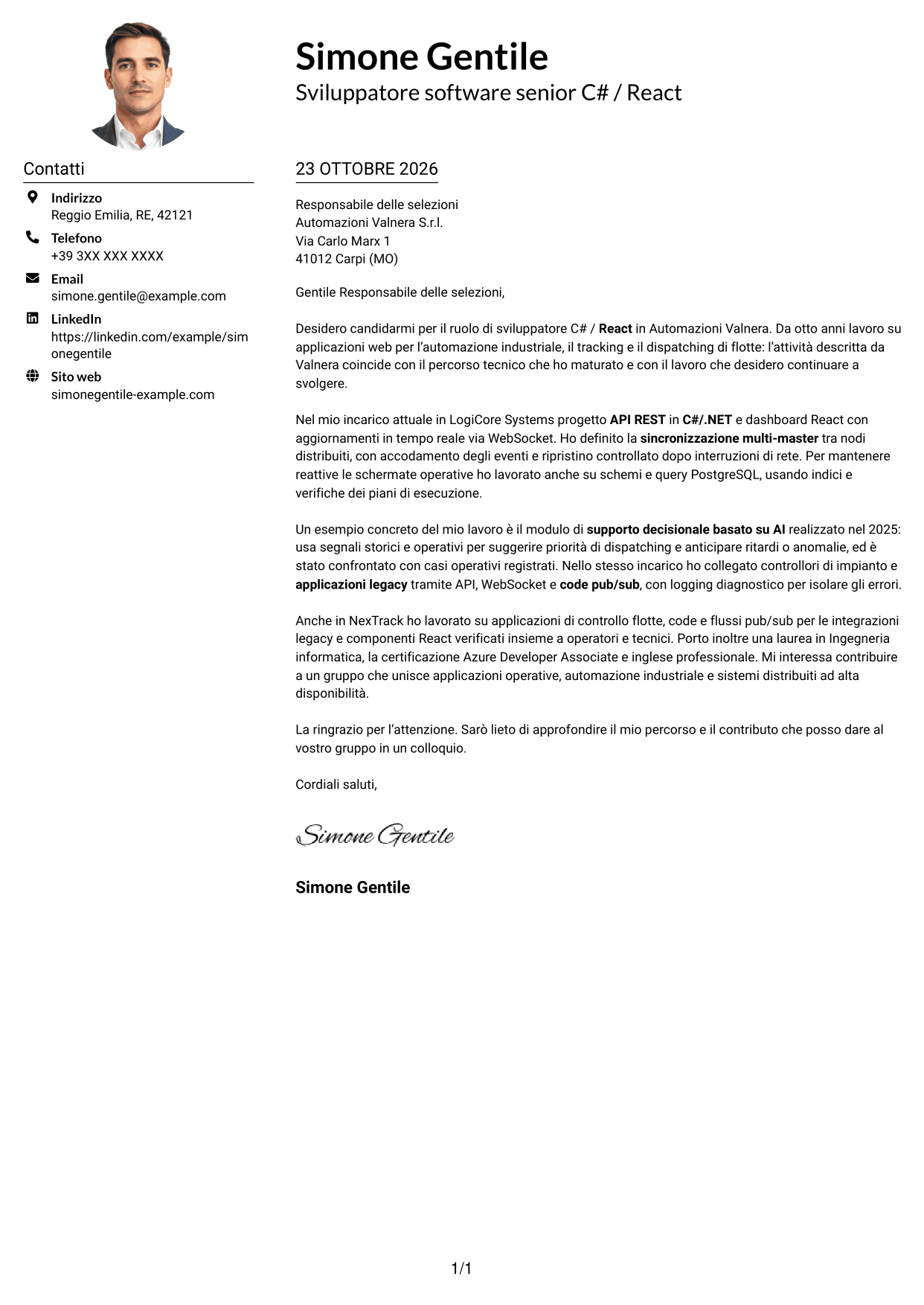Esempio di lettera di presentazione — pagina 1
