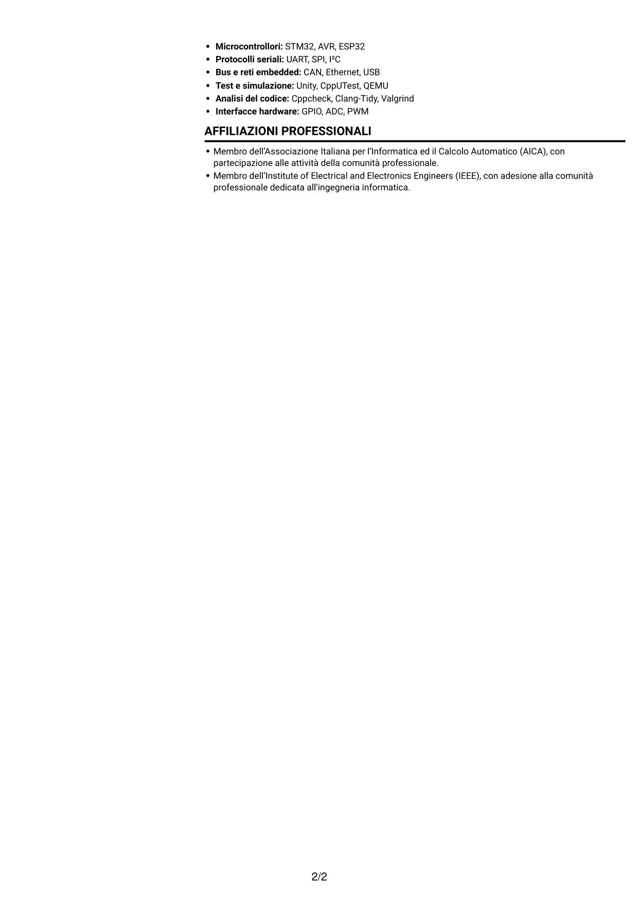 CV Compatto (formato sobrio a due colonne con foto): Sviluppatore Embedded - Sistemi real-time per la difesa, pagina 2