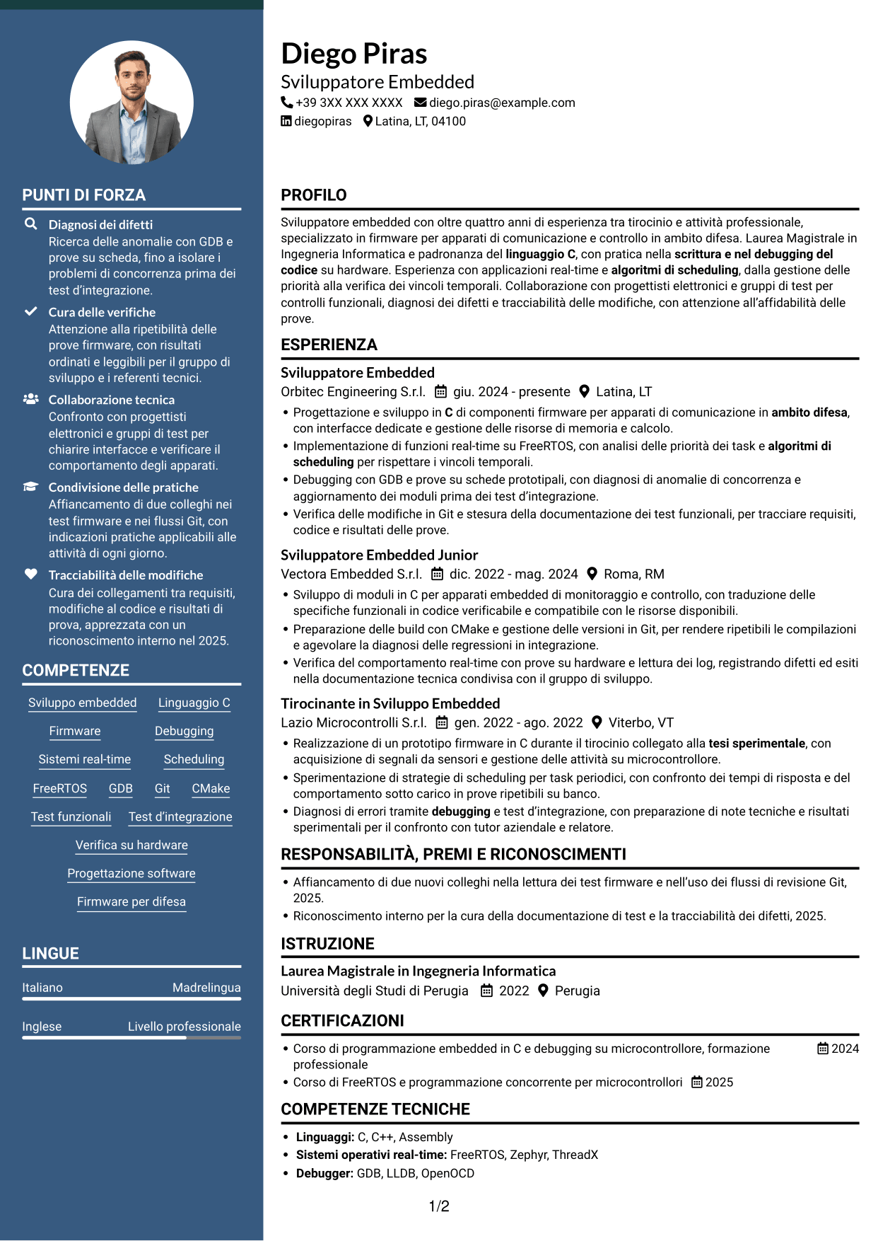 CV Elegante (formato con colonna laterale colorata e foto): Sviluppatore Embedded - Sistemi real-time per la difesa, pagina 1