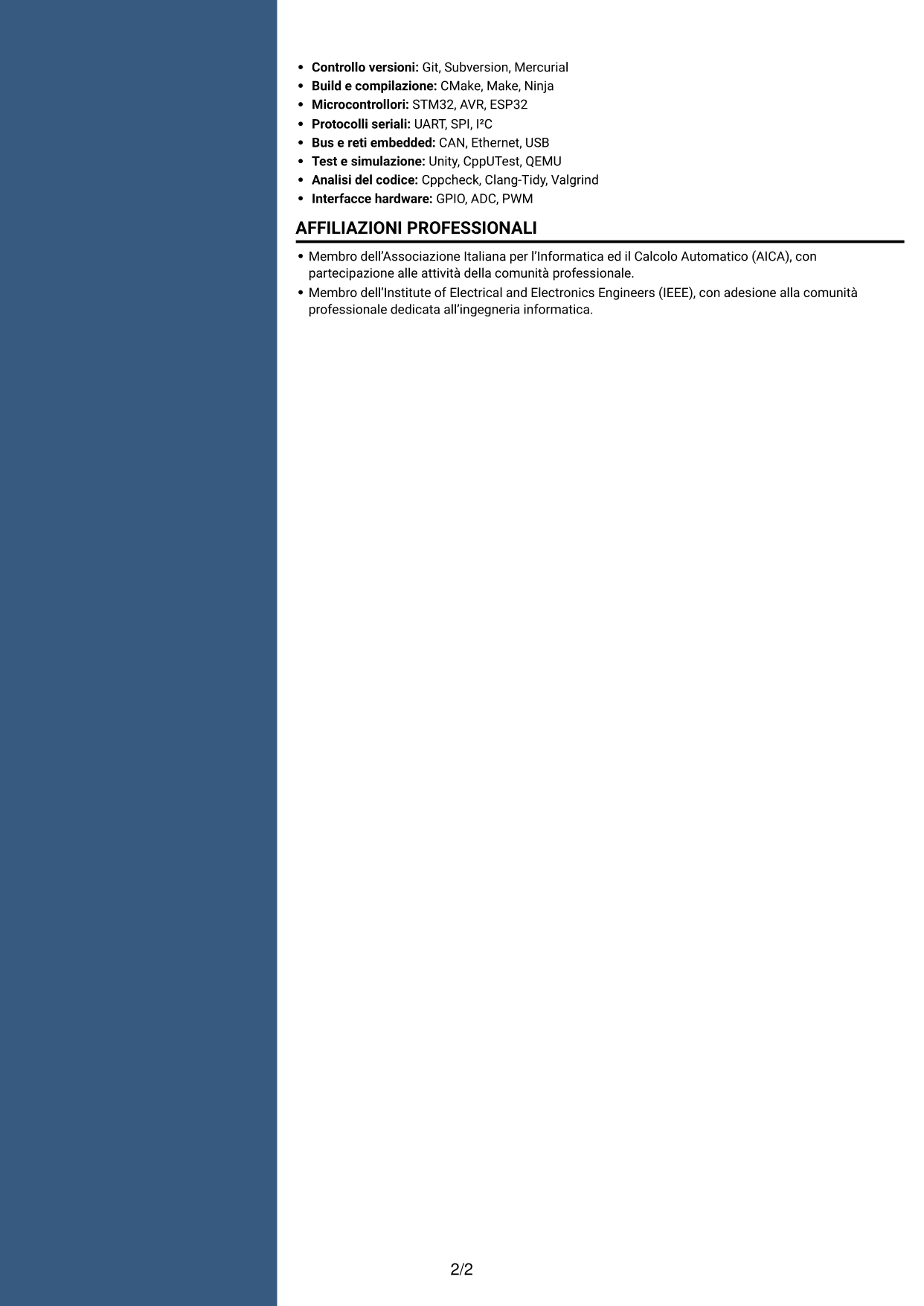 CV Elegante (formato con colonna laterale colorata e foto): Sviluppatore Embedded - Sistemi real-time per la difesa, pagina 2