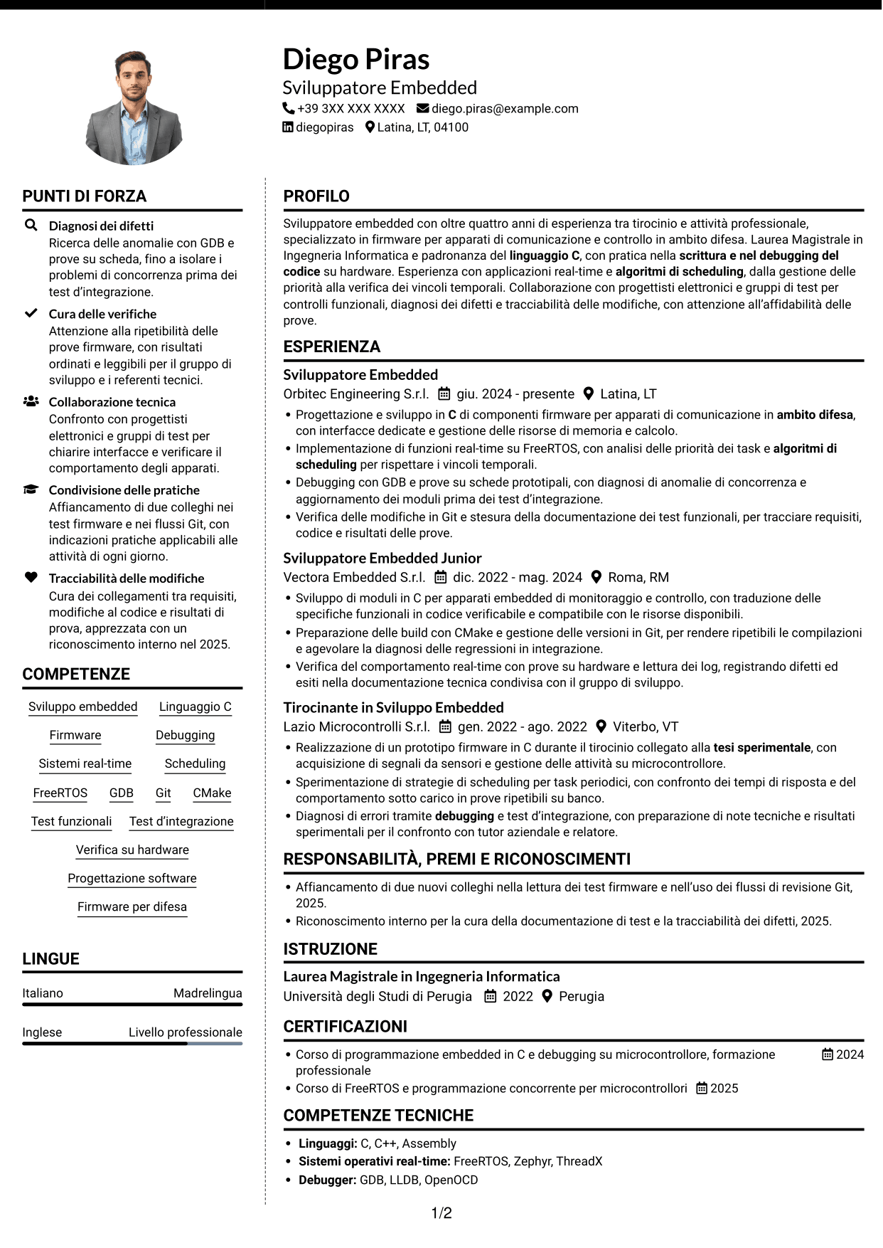 CV Moderno (formato a due colonne con foto a sinistra e separatore): Sviluppatore Embedded - Sistemi real-time per la difesa, pagina 1