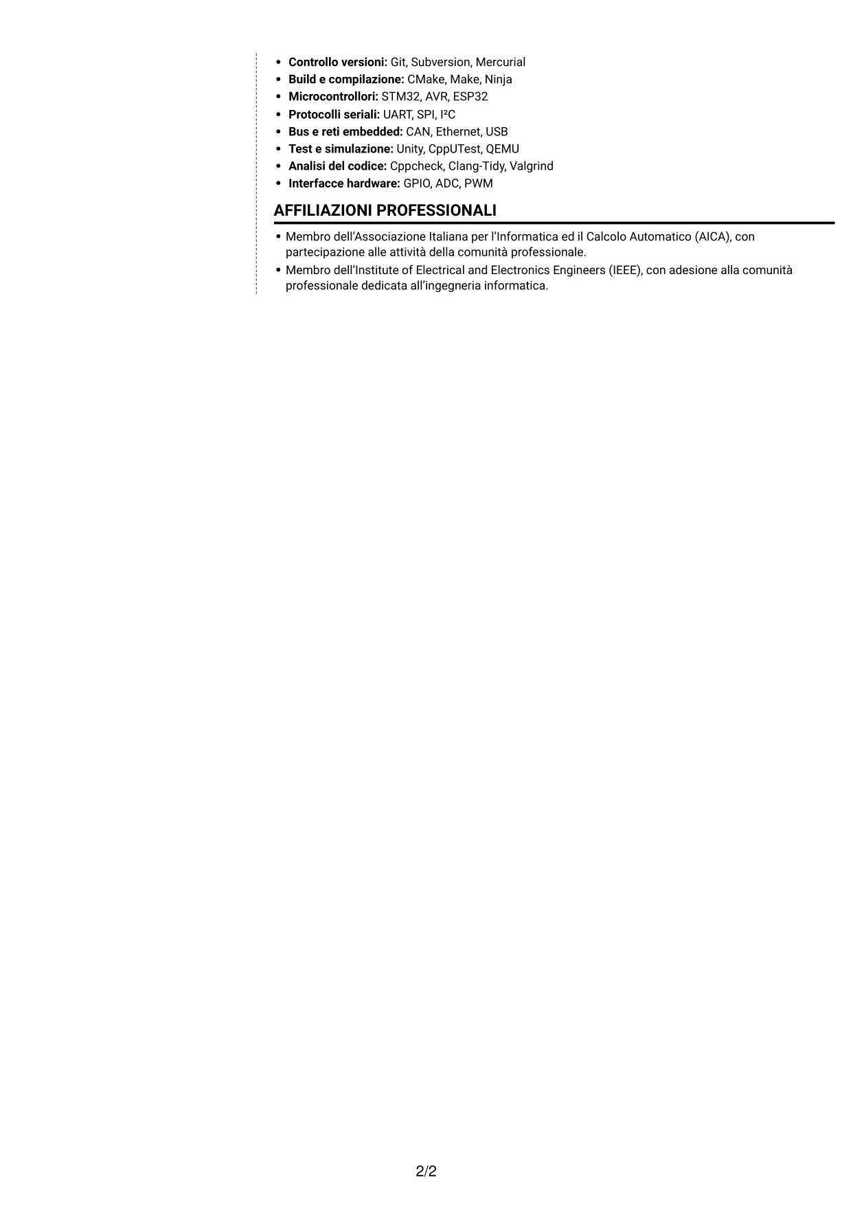 CV Moderno (formato a due colonne con foto a sinistra e separatore): Sviluppatore Embedded - Sistemi real-time per la difesa, pagina 2